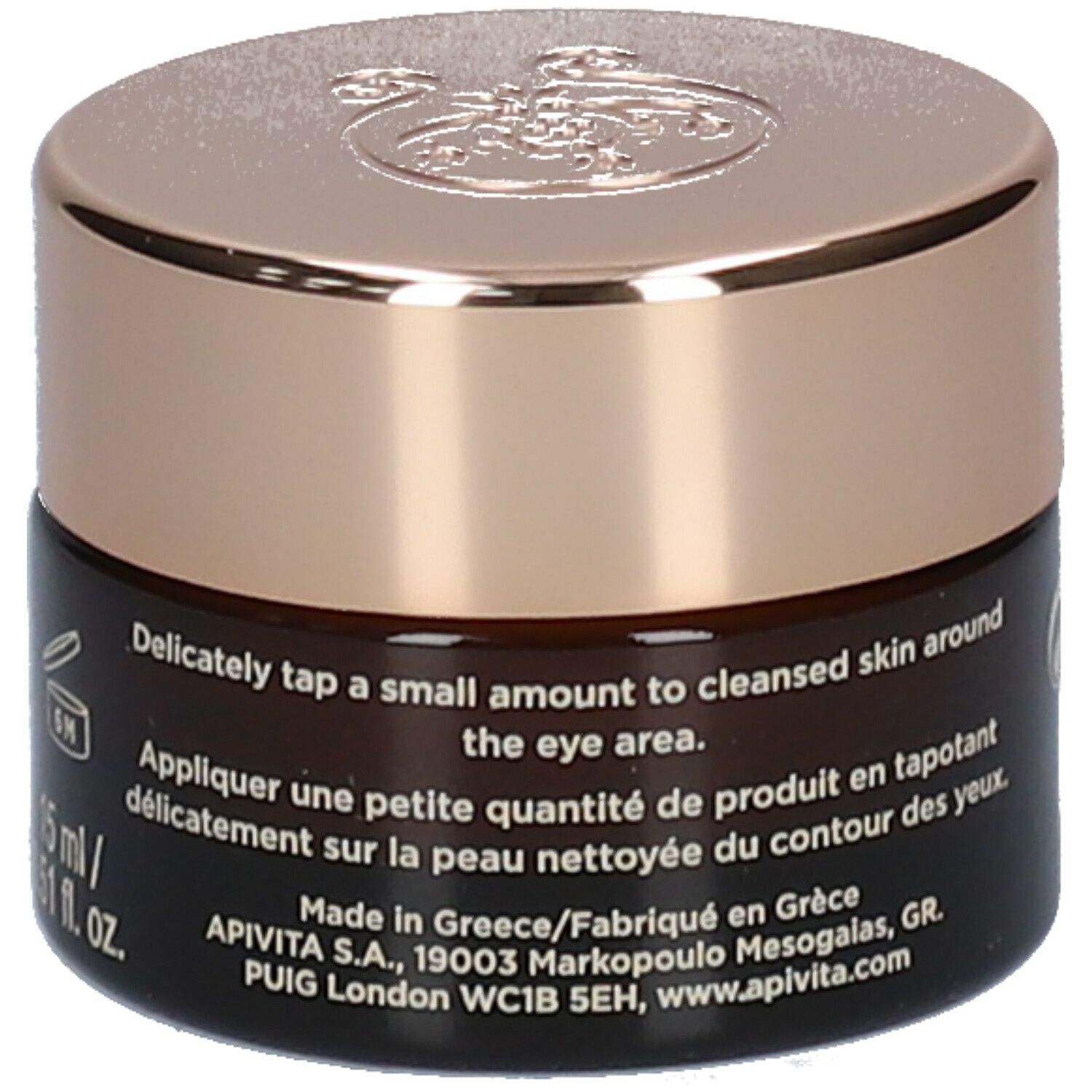 Bruine pot met gouden deksel. Opschrift: APIVITA Queen Bee, anti-aging oogcrème.