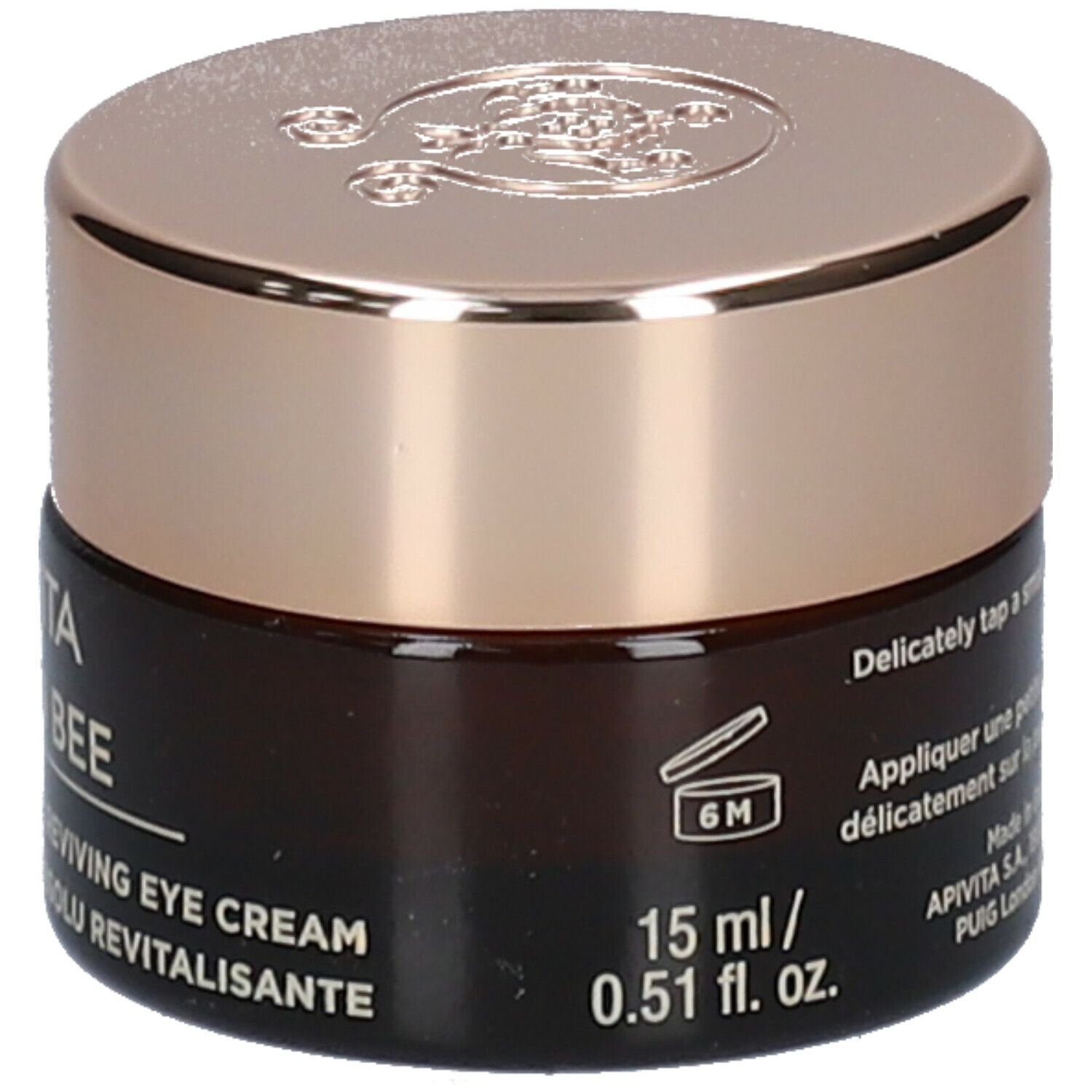 Bruine pot met gouden deksel. Opschrift: APIVITA Queen Bee, anti-aging oogcrème.