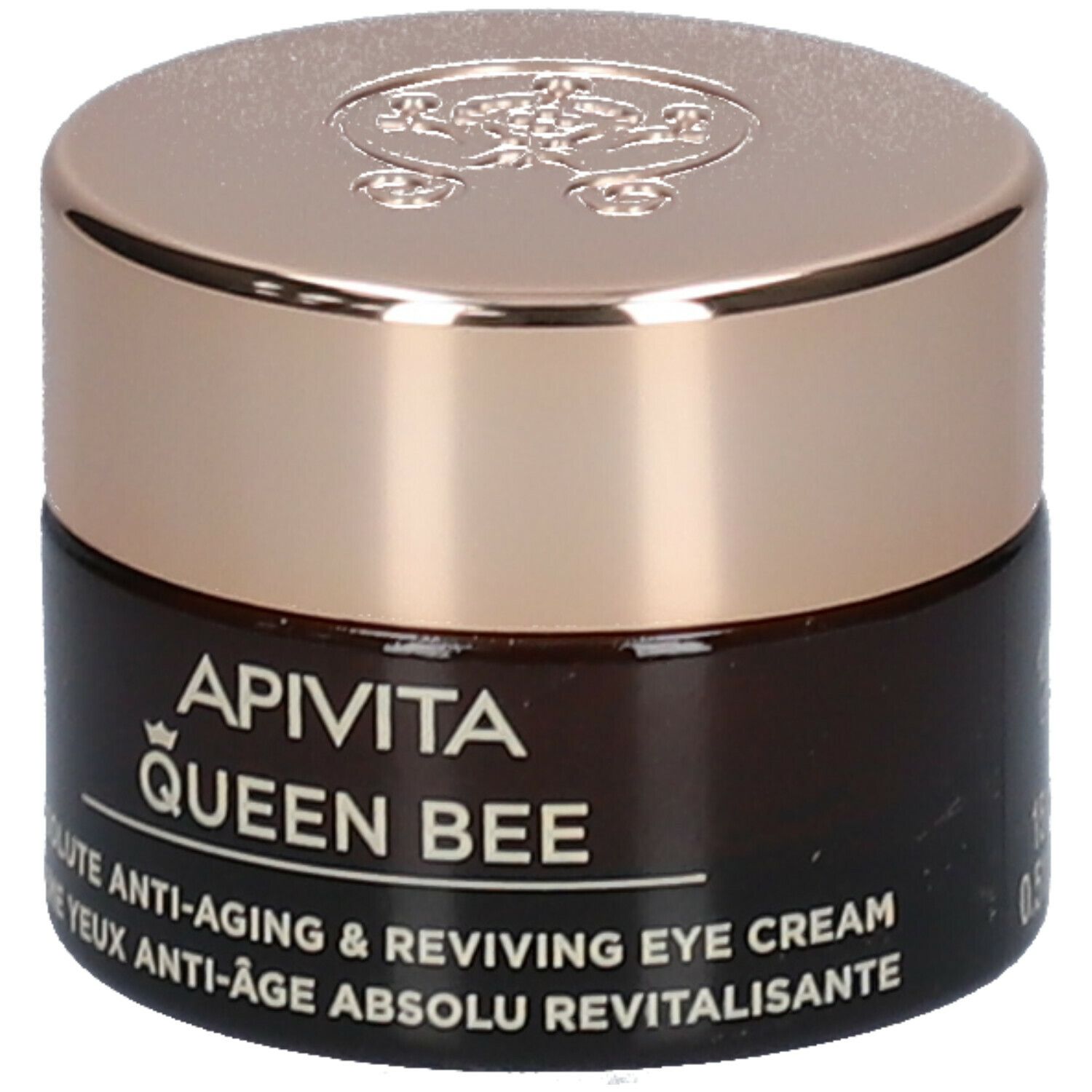Bruine pot met gouden deksel. Opschrift: APIVITA Queen Bee, anti-aging oogcrème.