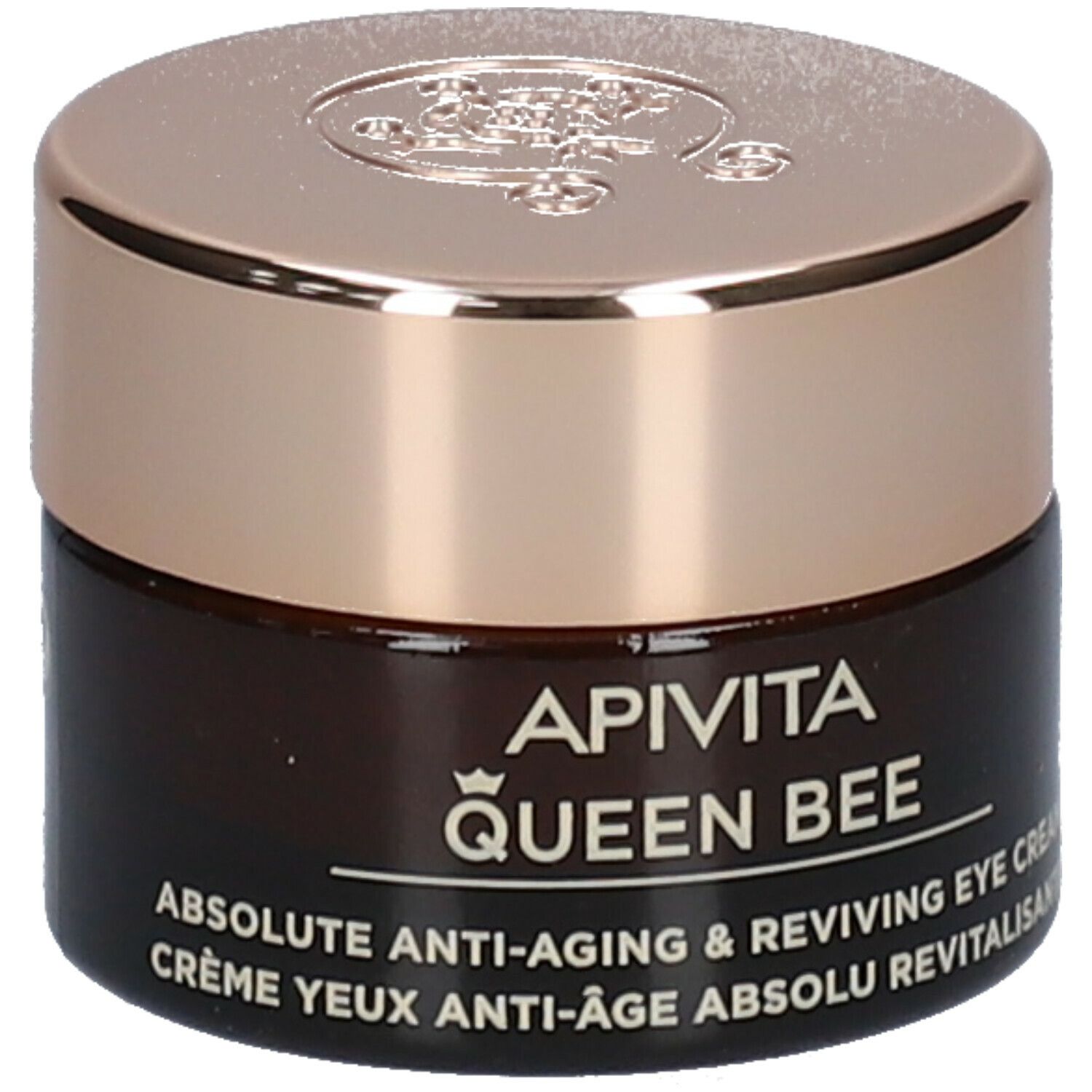 Bruine pot met gouden deksel. Opschrift: APIVITA Queen Bee, anti-aging oogcrème.