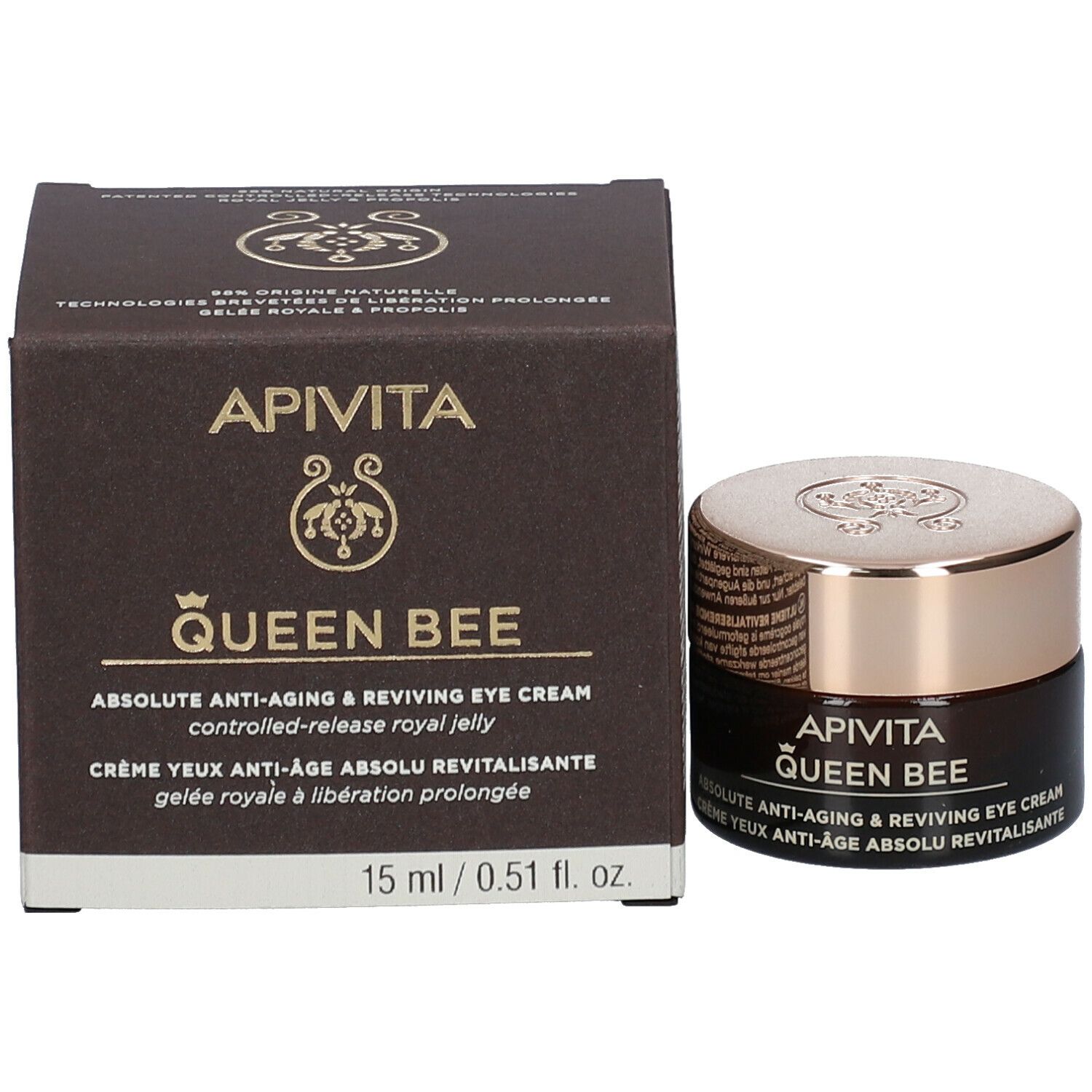 Productverpakking: pot en doos. Opschrift: APIVITA Queen Bee, anti-aging oogcrème.