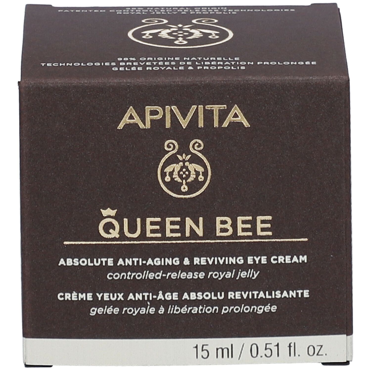 Productverpakking: doos. Opschrift: APIVITA Queen Bee, anti-aging oogcrème.