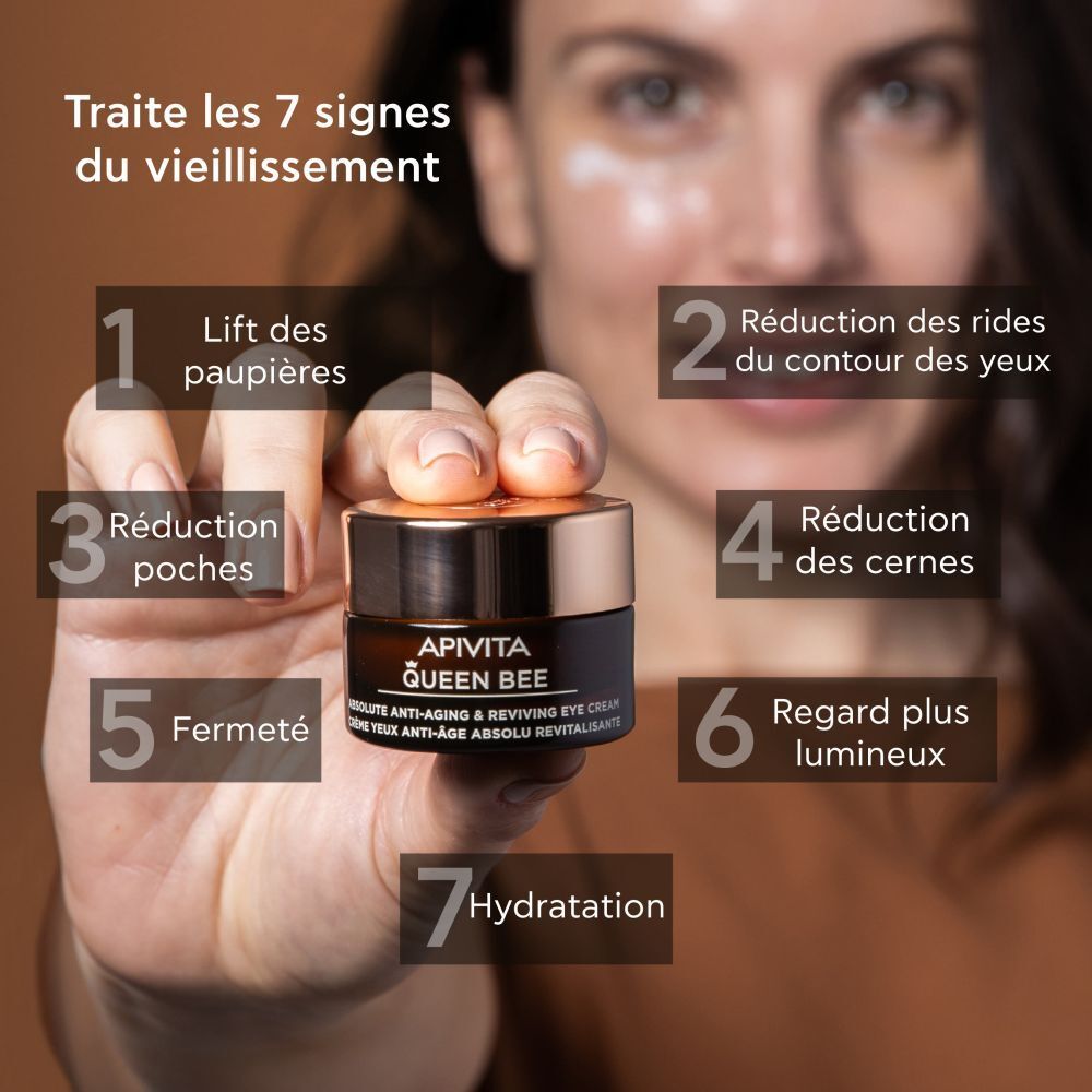Femme tenant un pot. Texte: Traite les 7 signes du vieillissement. APIVITA Queen Bee.
