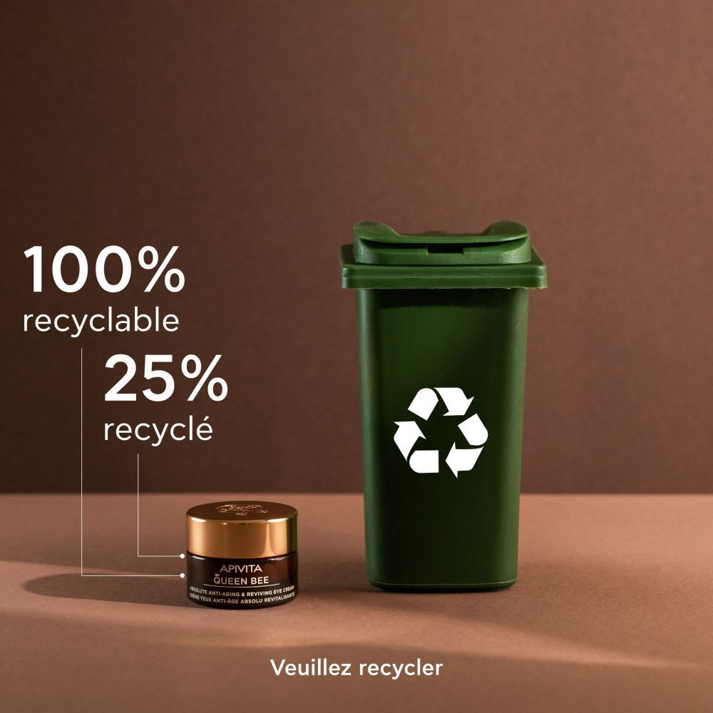 Pot à côté d'une poubelle. Texte: 100% recyclable, 25% recyclé. APIVITA Queen Bee.