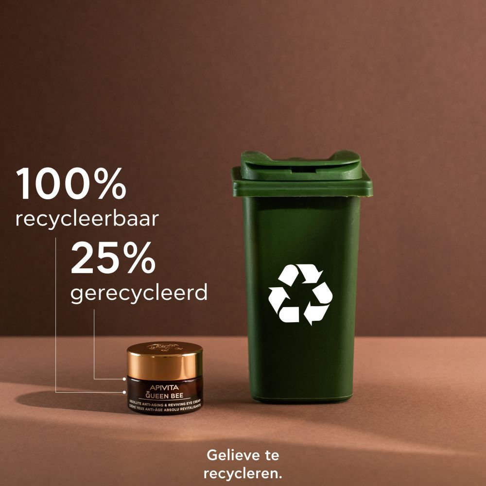Pot naast vuilnisbak. Tekst: 100% recyclebaar, 25% gerecycled. APIVITA Queen Bee.