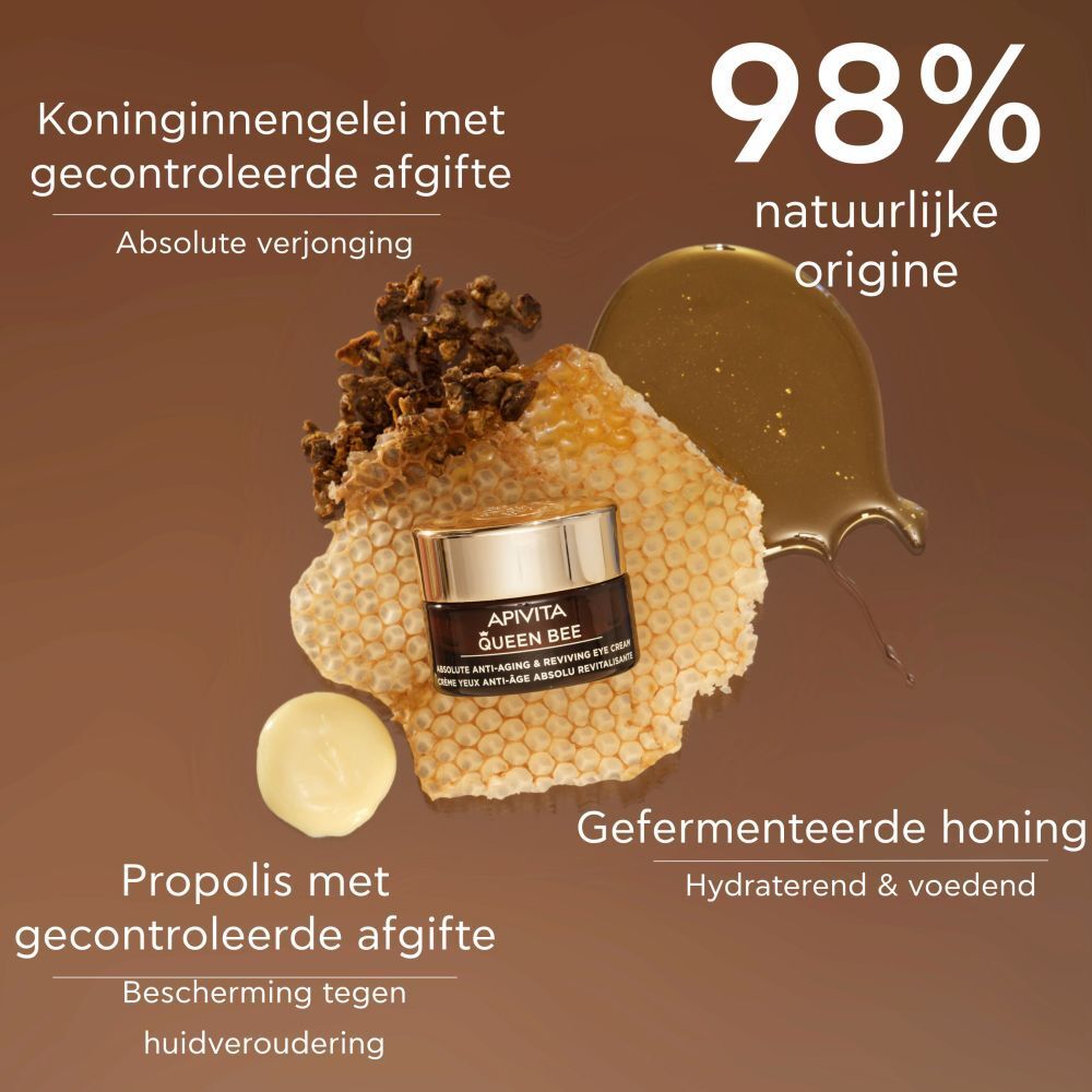 Ingrediënten: honing, propolis, koninginnengelei. Tekst: 98% natuurlijke oorsprong. APIVITA Queen Bee.