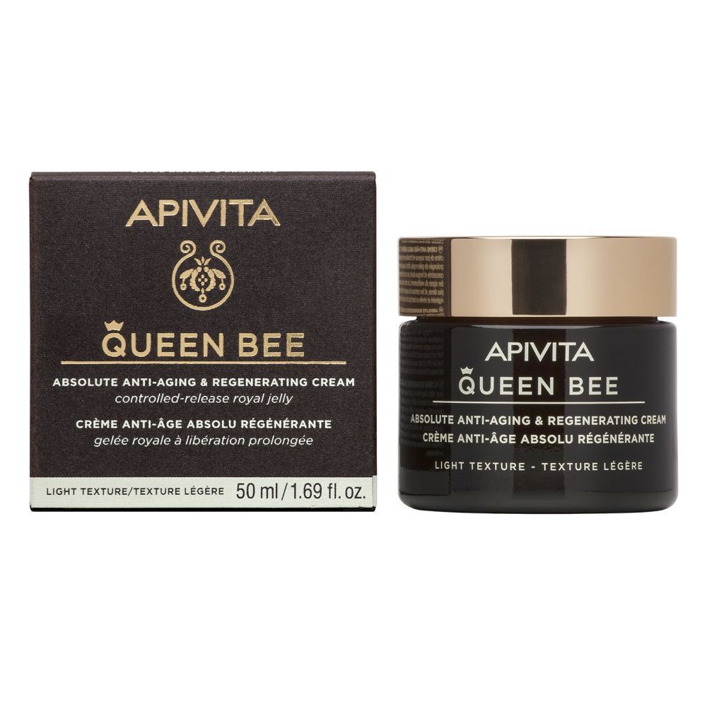 Crèmepot en doos. Opschrift: APIVITA Queen Bee Absolute Anti-Aging Creme Regenerierend - Lichte textuur. 50 ml.