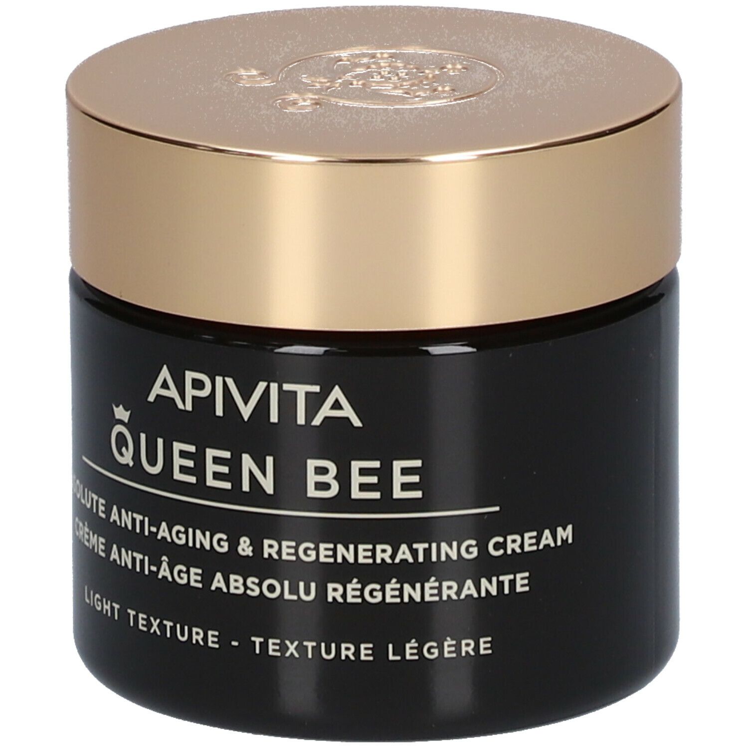 Donkere crème pot met gouden deksel. Opschrift: APIVITA Queen Bee Absolute Anti-Aging Creme Regenerierend - Lichte textuur.