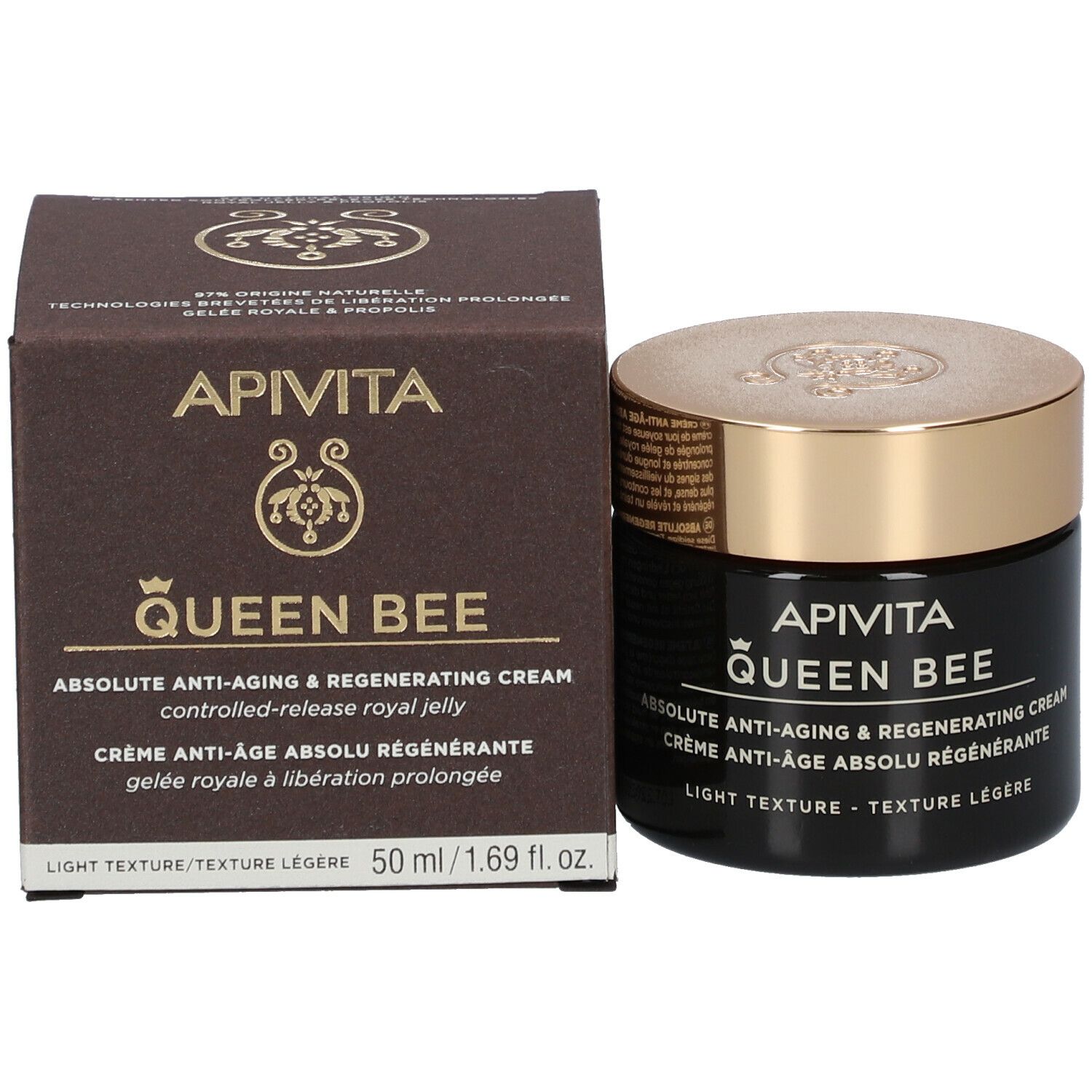 Crèmepot en doos. Opschrift: APIVITA Queen Bee Absolute Anti-Aging Creme Regenerierend - Lichte textuur. 50 ml.