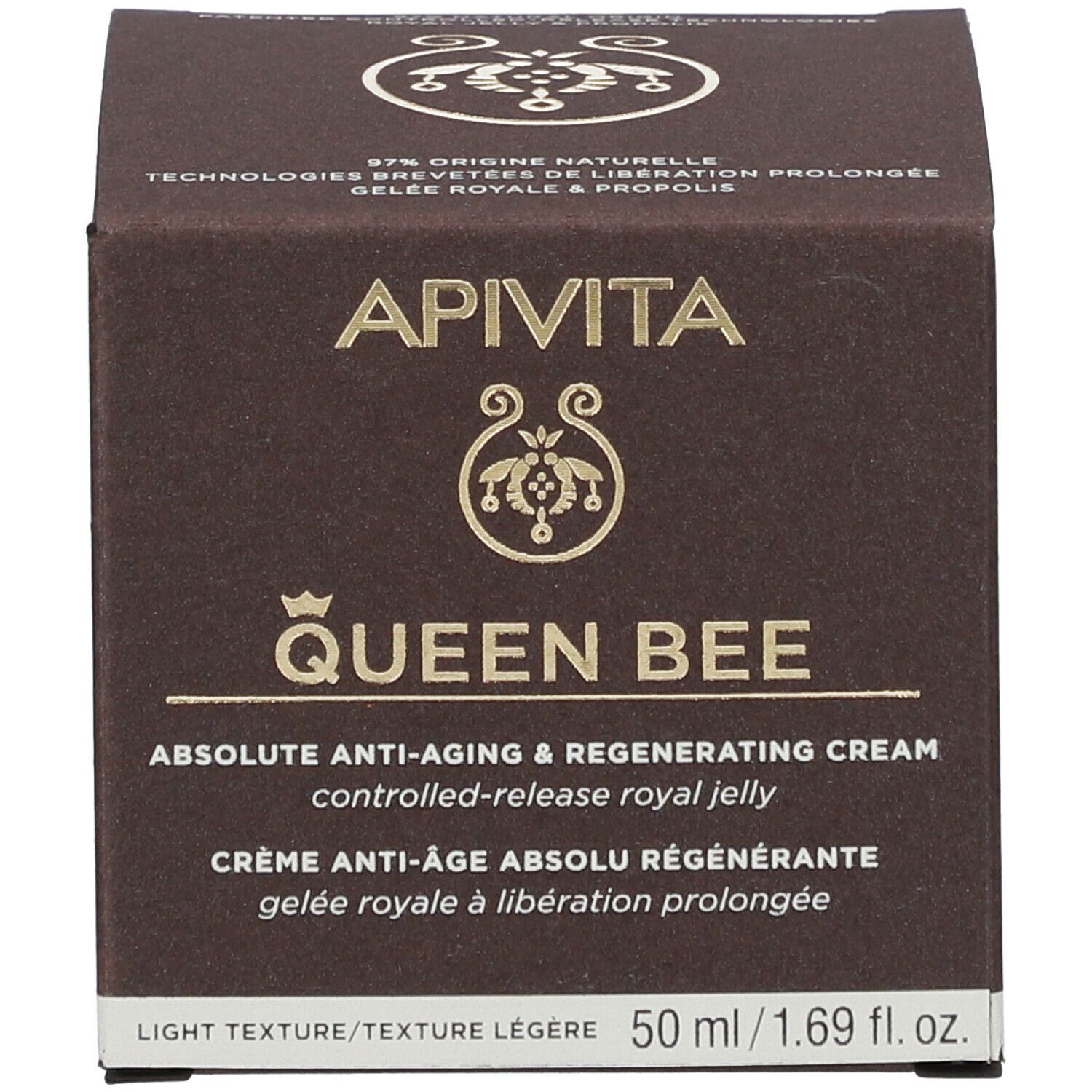 Doos. Opschrift: APIVITA Queen Bee Absolute Anti-Aging Creme Regenerierend - Lichte textuur. 50 ml.