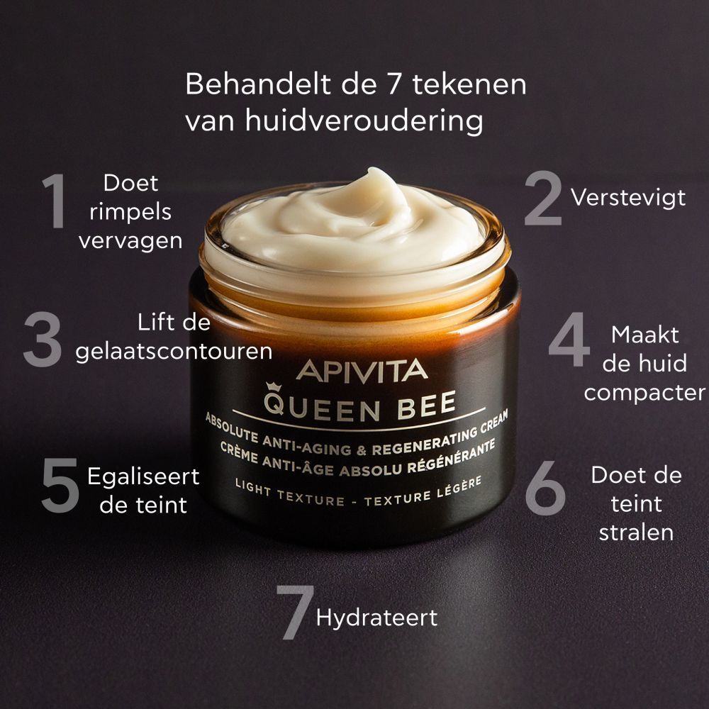 Crèmepot met crème. Opschrift: APIVITA Queen Bee Absolute Anti-Aging Creme Regenerierend - Lichte textuur. 7 tekens.