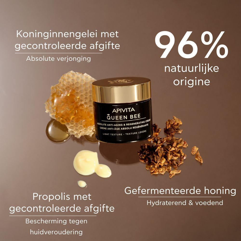 Crèmepot met crème. Opschrift: APIVITA Queen Bee Absolute Anti-Aging Creme Regenerierend - Lichte textuur. Ingrediënten.