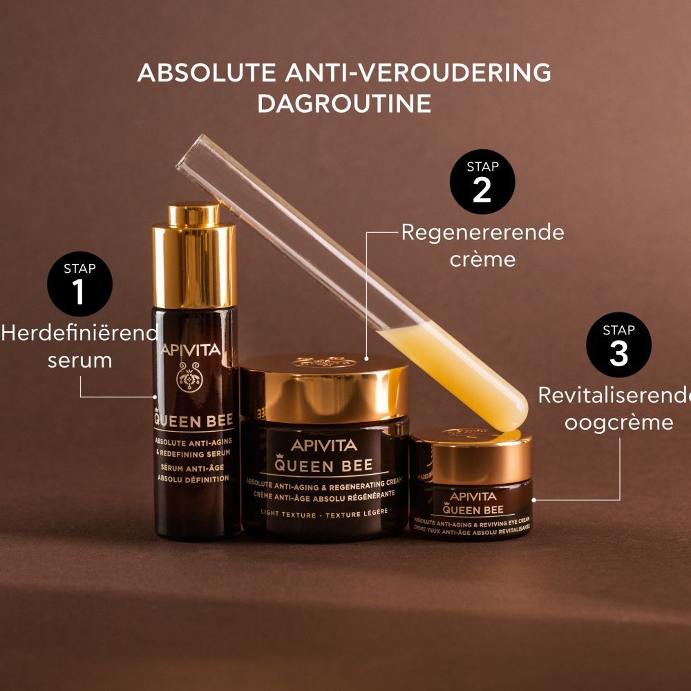 Crèmepot met crème. Opschrift: APIVITA Queen Bee Absolute Anti-Aging Creme Regenerierend - Lichte textuur. Dagelijkse routine.