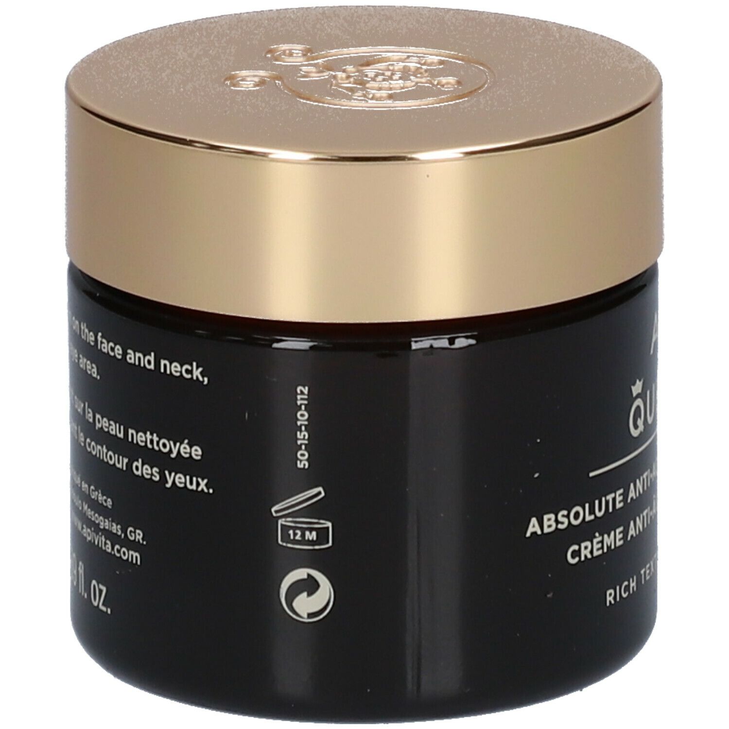 Dunkle Creme-Dose mit goldenem Deckel. Aufschrift: APIVITA QUEEN BEE Absolute Anti-Aging Creme.
