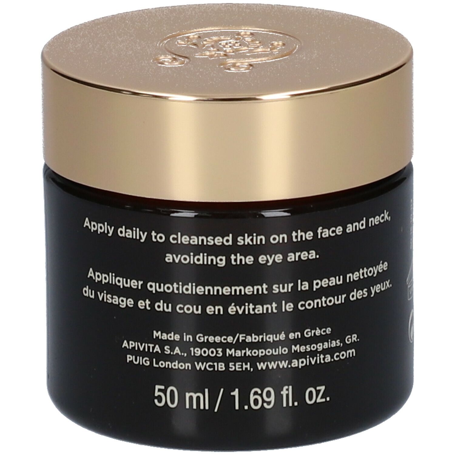 Dunkle Creme-Dose mit goldenem Deckel. Aufschrift: APIVITA QUEEN BEE Absolute Anti-Aging Creme.
