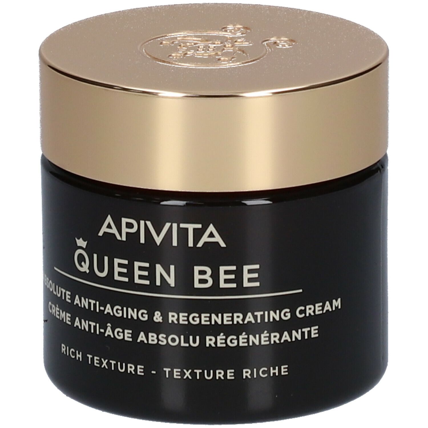 Dunkle Creme-Dose mit goldenem Deckel. Aufschrift: APIVITA QUEEN BEE Absolute Anti-Aging Creme.
