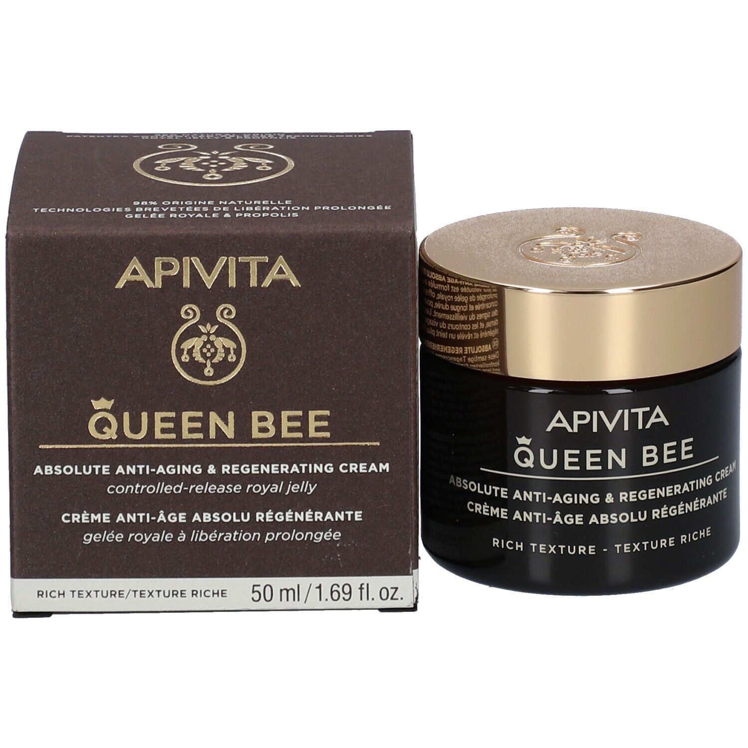 Creme-Dose und Schachtel. Aufschrift: APIVITA QUEEN BEE Absolute Anti-Aging Creme. 50 ml.