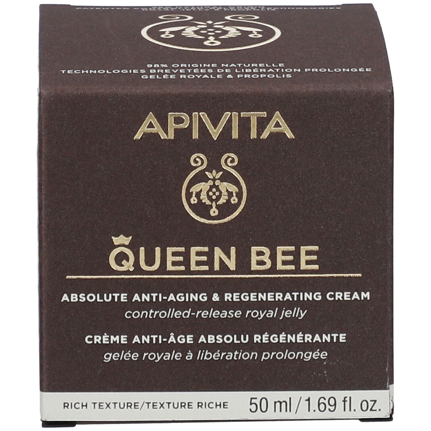 Braune Schachtel. Aufschrift: APIVITA QUEEN BEE Absolute Anti-Aging Creme. 50 ml.