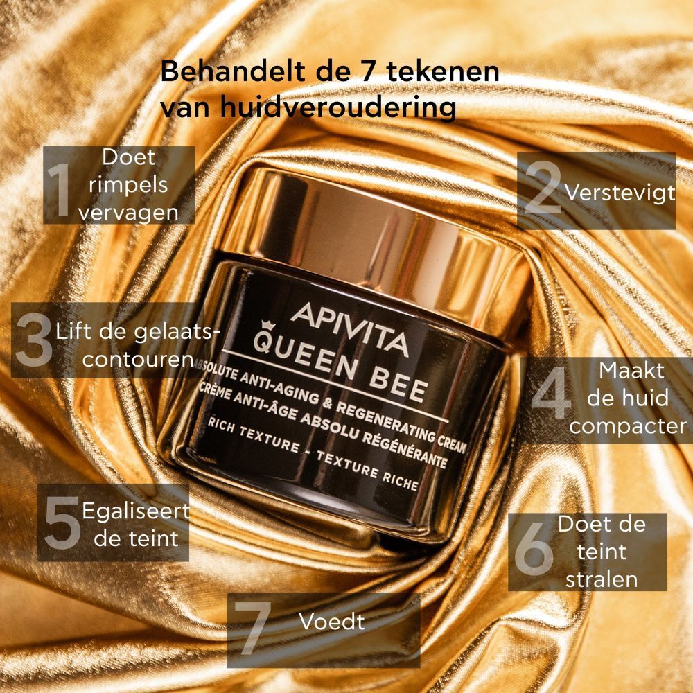 Donkere crèmepot met gouden deksel. Opschrift: APIVITA QUEEN BEE Absolute Anti-Aging Creme.