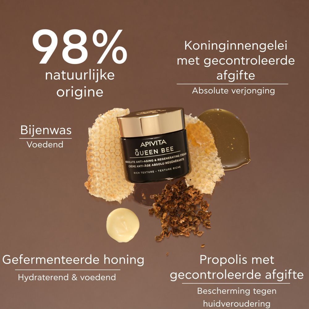 Crèmepot, honingraat, bijenwas, honing. Tekst: 98% natuurlijke oorsprong.