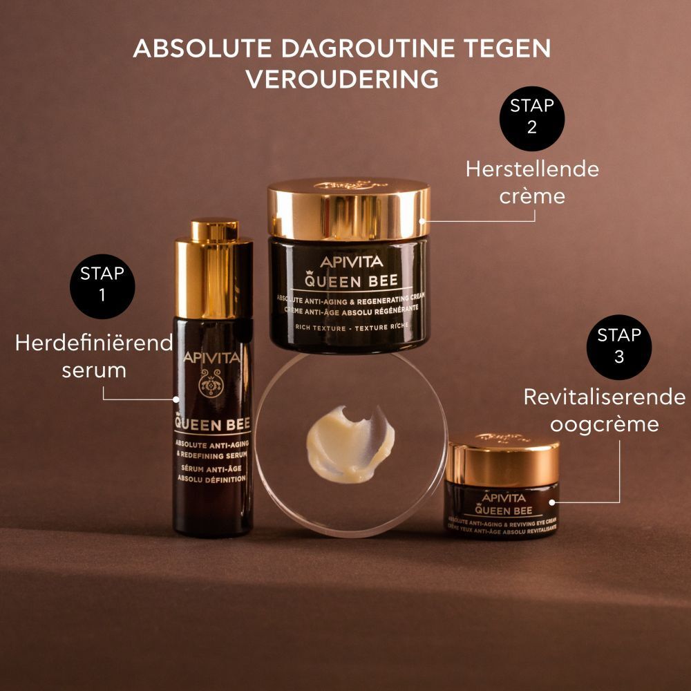Serum, crème, oogcrème. Tekst: Absolute dagroutine tegen veroudering.