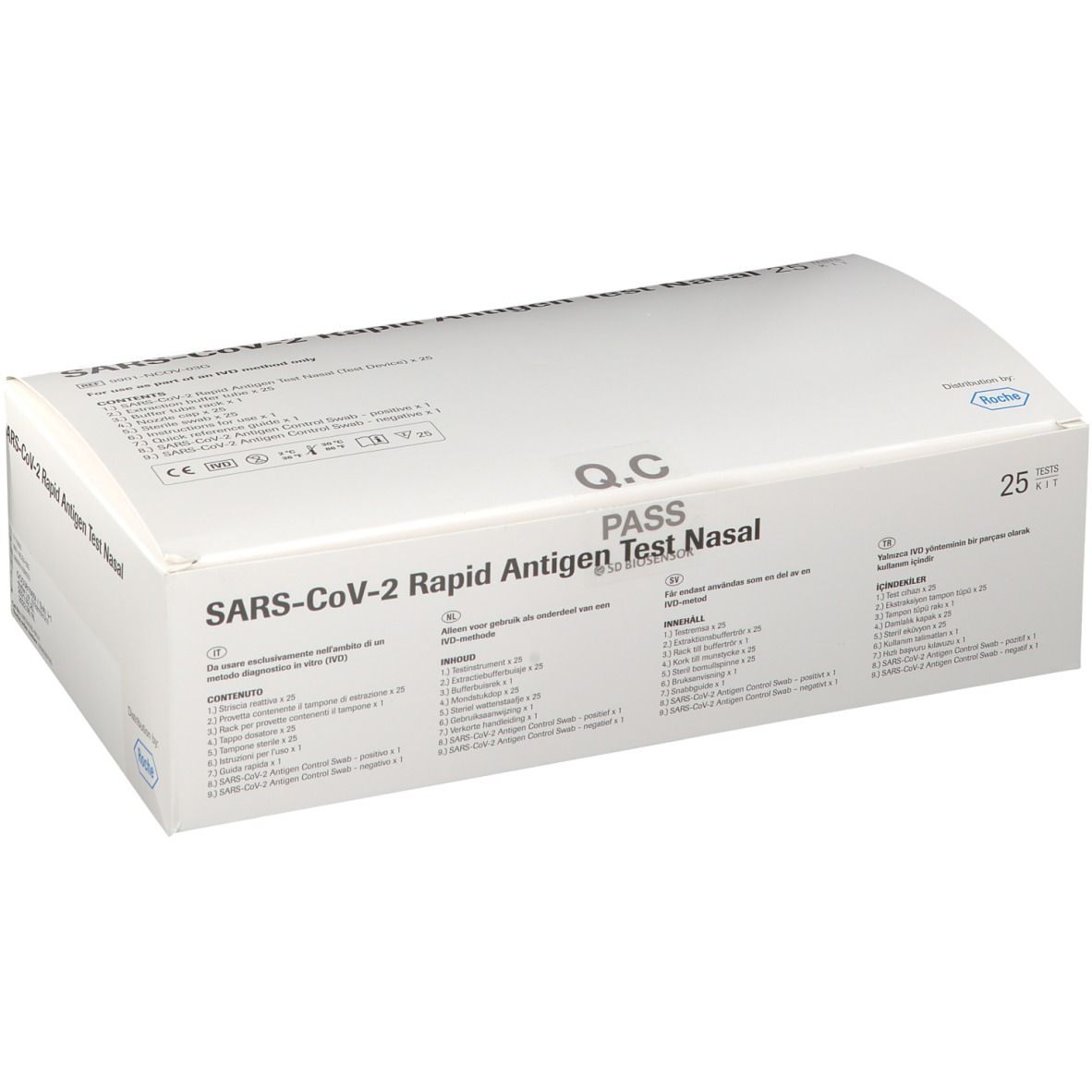 Boîte blanche avec texte SARS-CoV-2 Rapid Antigen Test Nasal. Q.C. PASS. 25 tests.