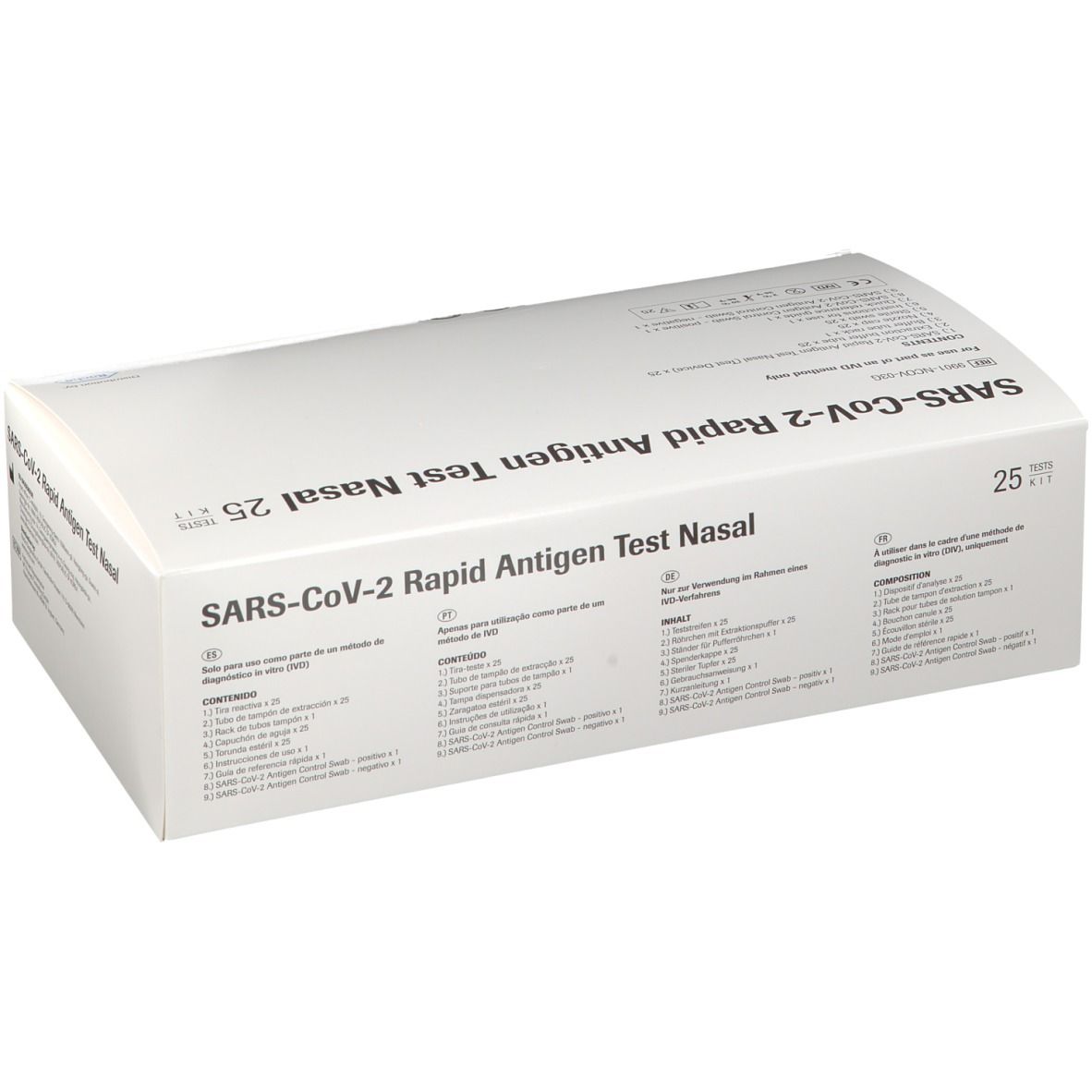 Boîte blanche avec texte SARS-CoV-2 Rapid Antigen Test Nasal. Q.C. PASS. 25 tests.