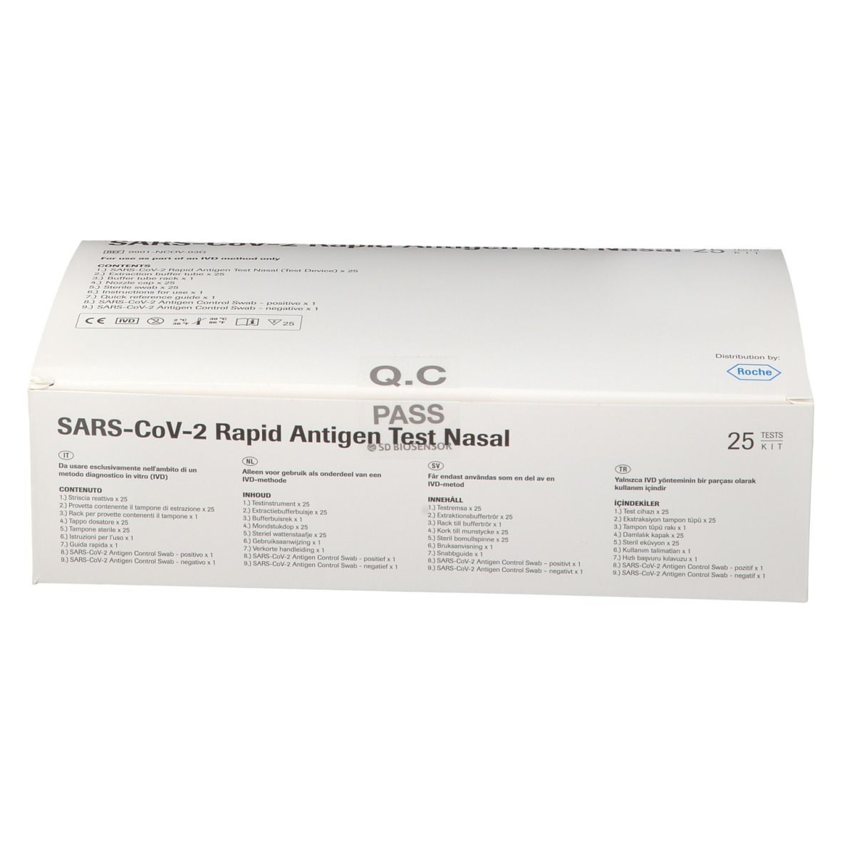 Boîte blanche avec texte SARS-CoV-2 Rapid Antigen Test Nasal. Q.C. PASS. 25 tests.