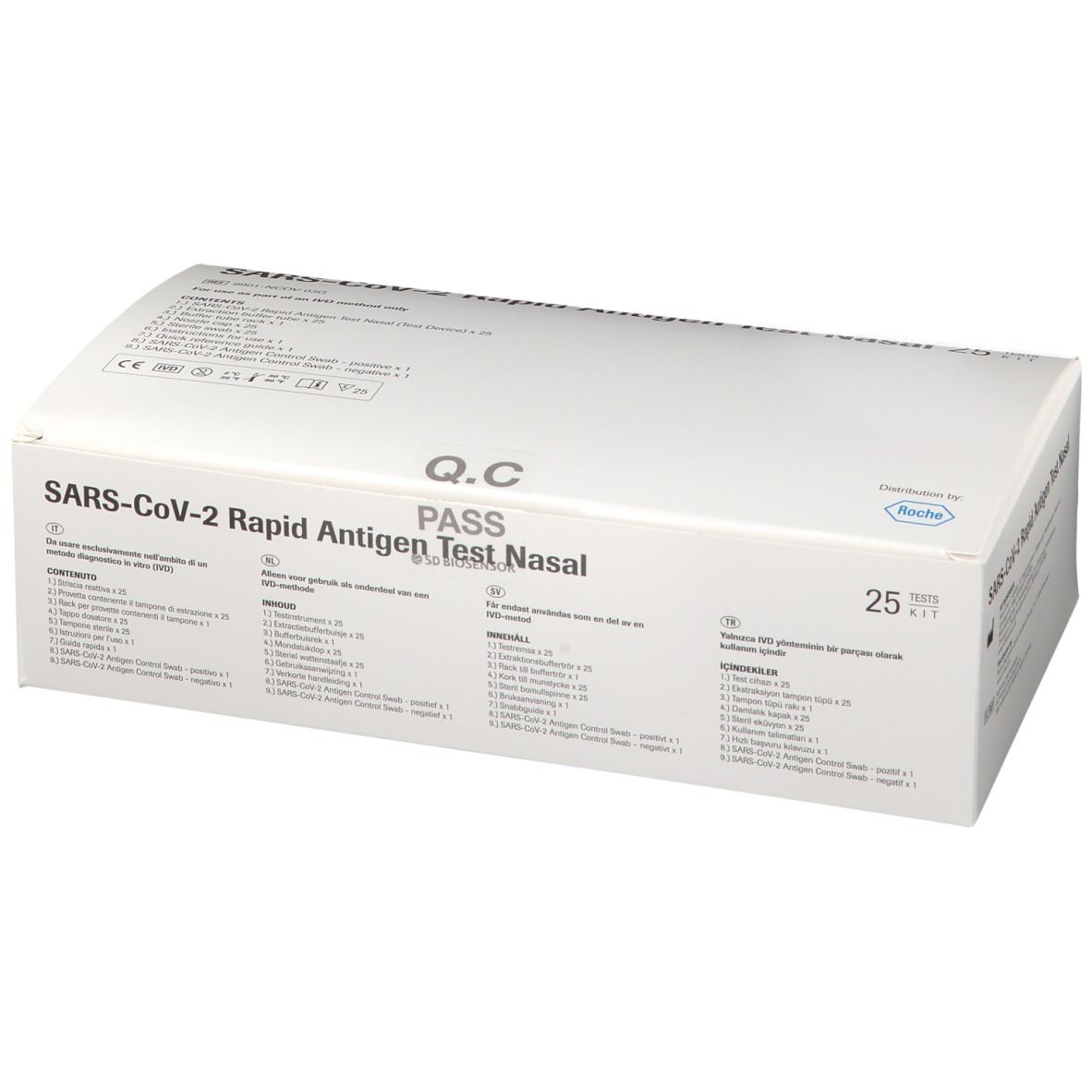 Boîte blanche avec texte SARS-CoV-2 Rapid Antigen Test Nasal. Q.C. PASS. 25 tests.