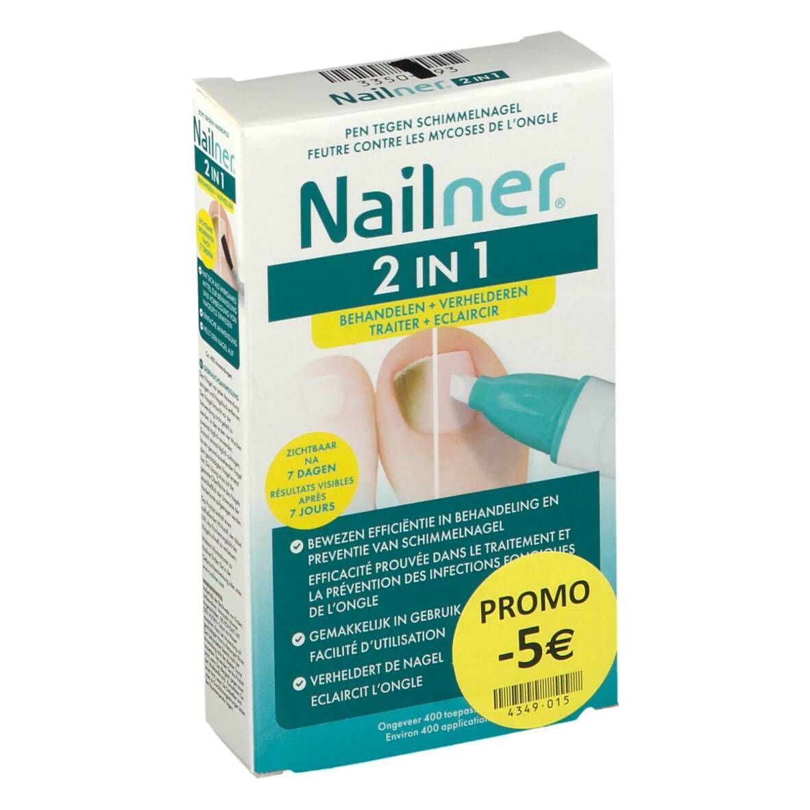 Verpakking van Nailner 2 in 1. Opschrift: Pen tegen schimmelnagel. Bevat een afbeelding van een nagel met applicator.