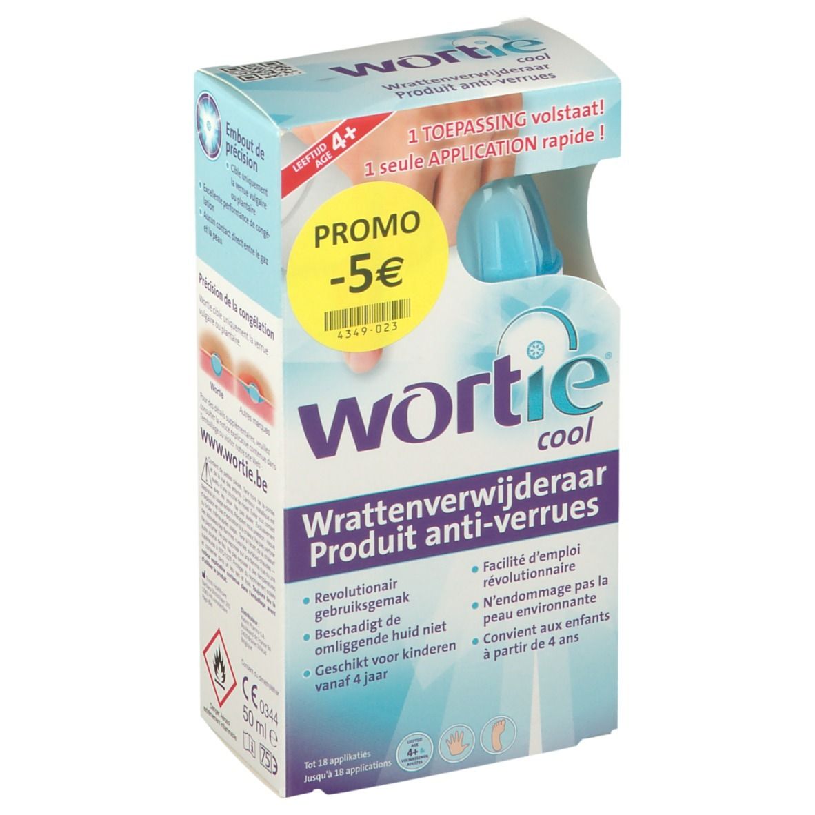 Verpakking van Wortie Cool. Product tegen wratten. Bevat een blauwe fles. Promo sticker -5€.
