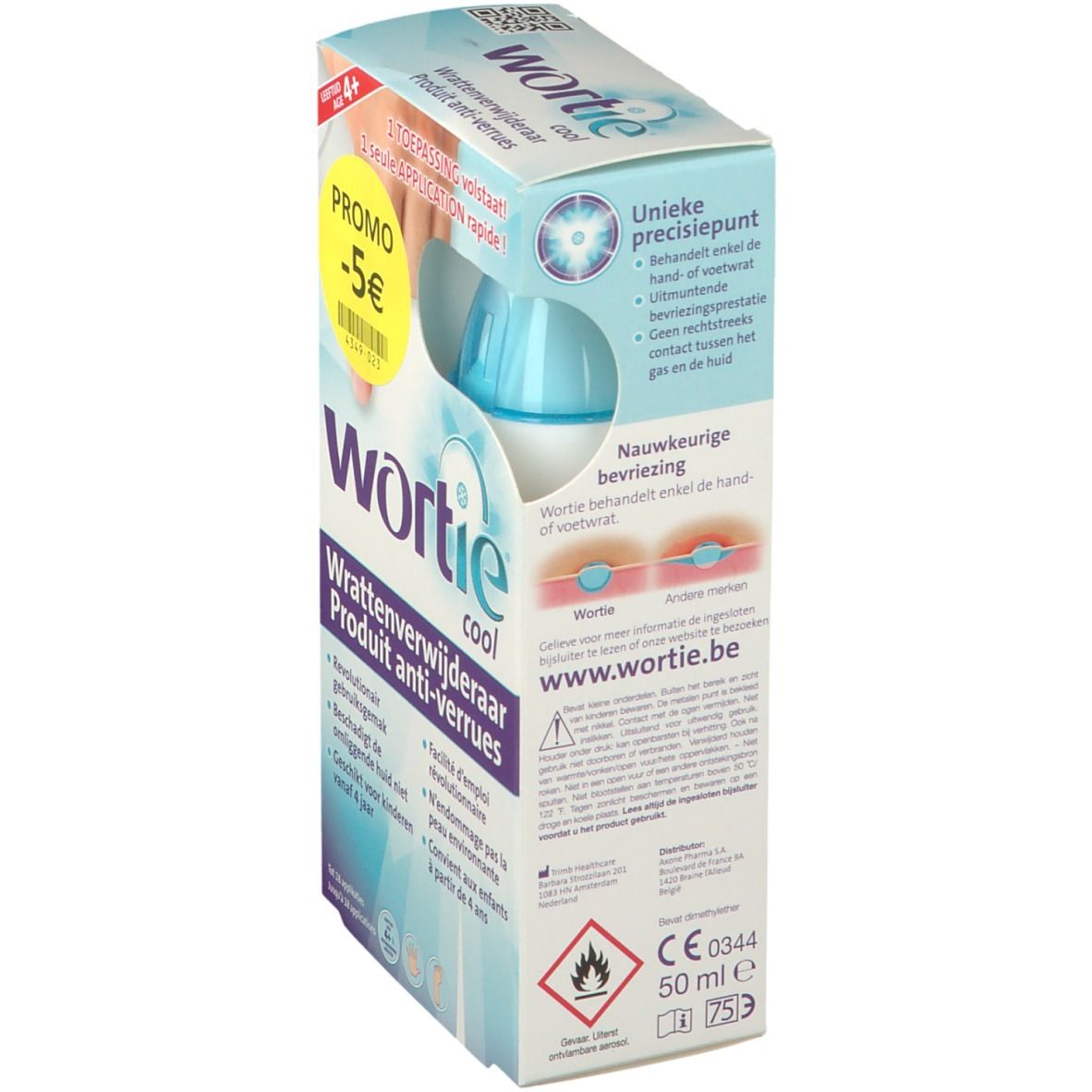 Achterkant van de Wortie Cool verpakking. Product tegen wratten. Bevat informatie en een blauwe fles.