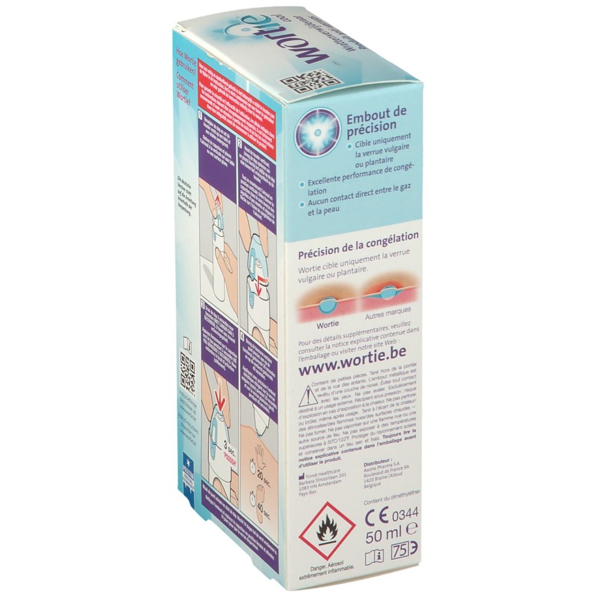 Zijkant van de Wortie Cool verpakking. Product tegen wratten. Bevat informatie en een blauwe fles.