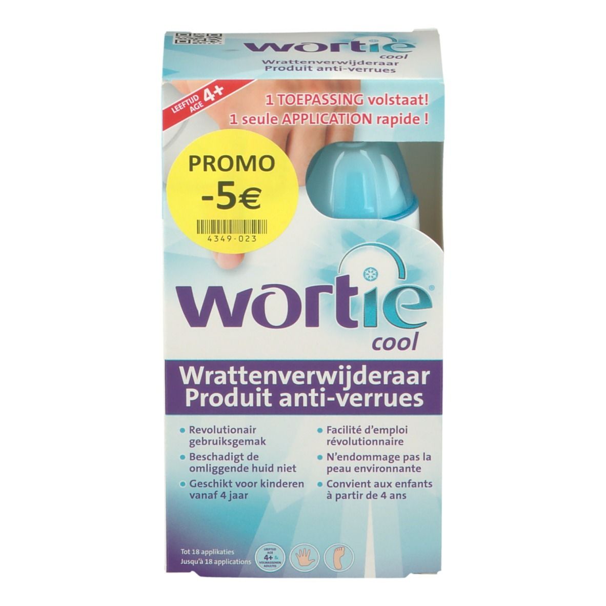 Voorkant van de Wortie Cool verpakking. Product tegen wratten. Bevat een blauwe fles. Promo sticker -5€.
