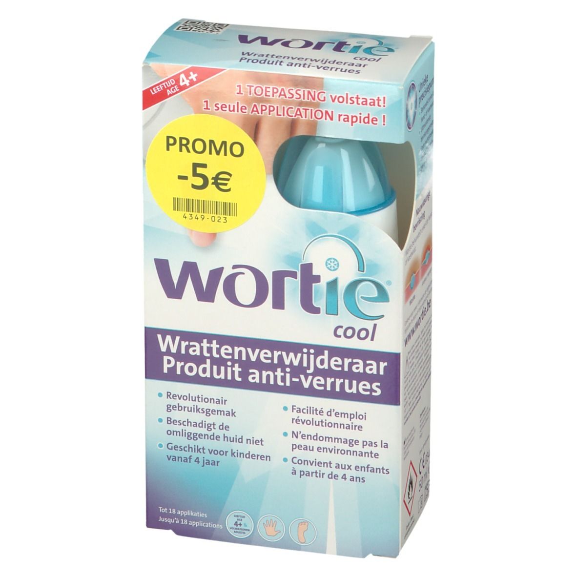Voorkant van de Wortie Cool verpakking. Product tegen wratten. Bevat een blauwe fles. Promo sticker -5€.