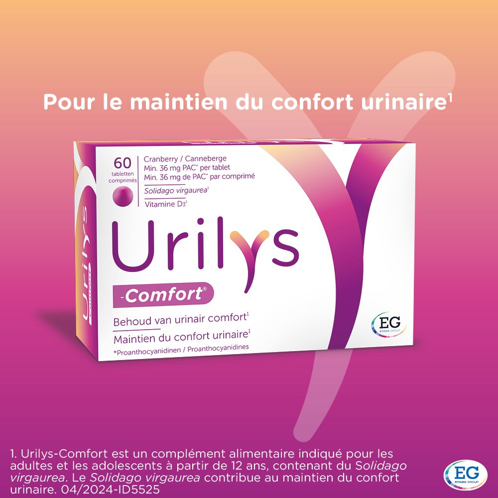 Visuel publicitaire. Boîte Urilys-Comfort. Texte : Pour le maintien du confort urinaire. 60 comprimés.