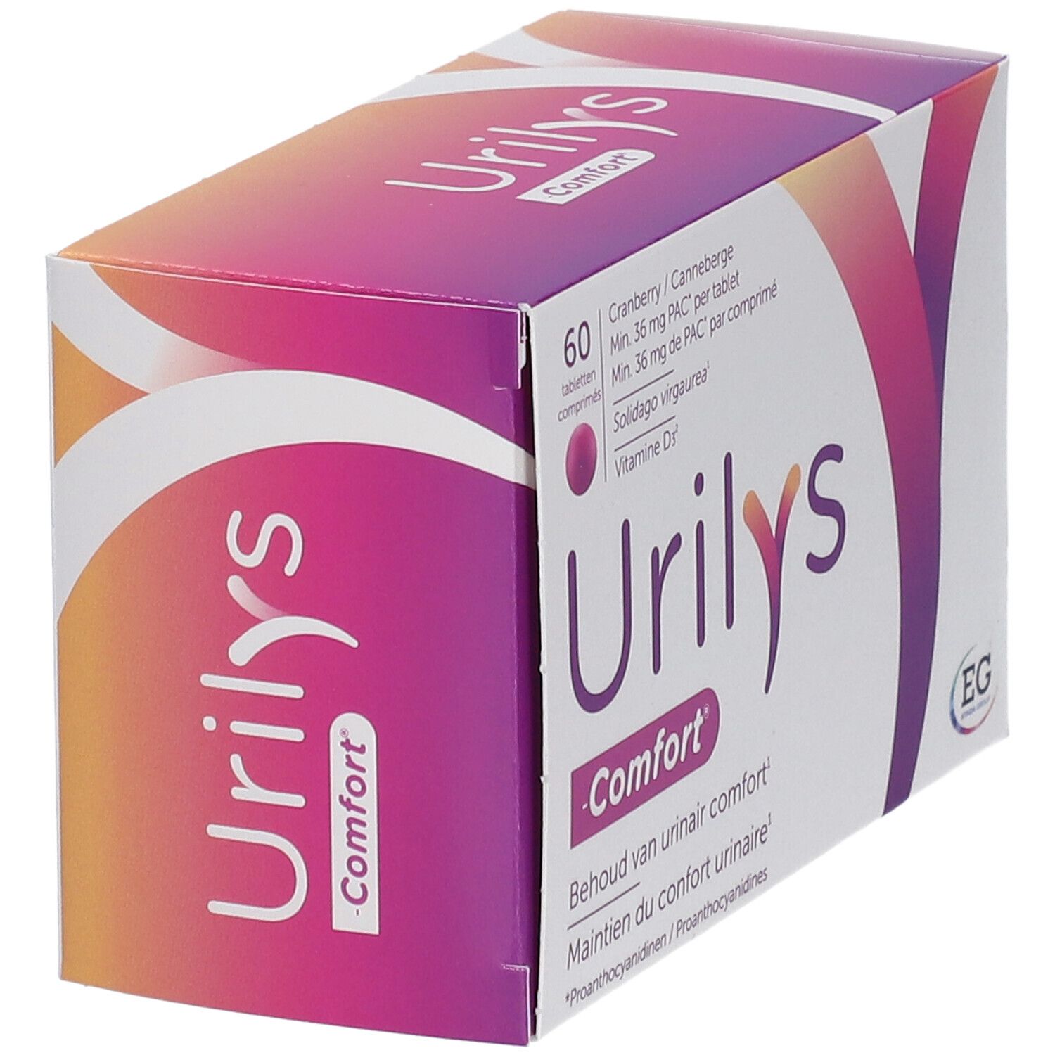 Boîte Urilys-Comfort en biais. 60 comprimés. Canneberge, vitamine D3. Design blanc et violet.
