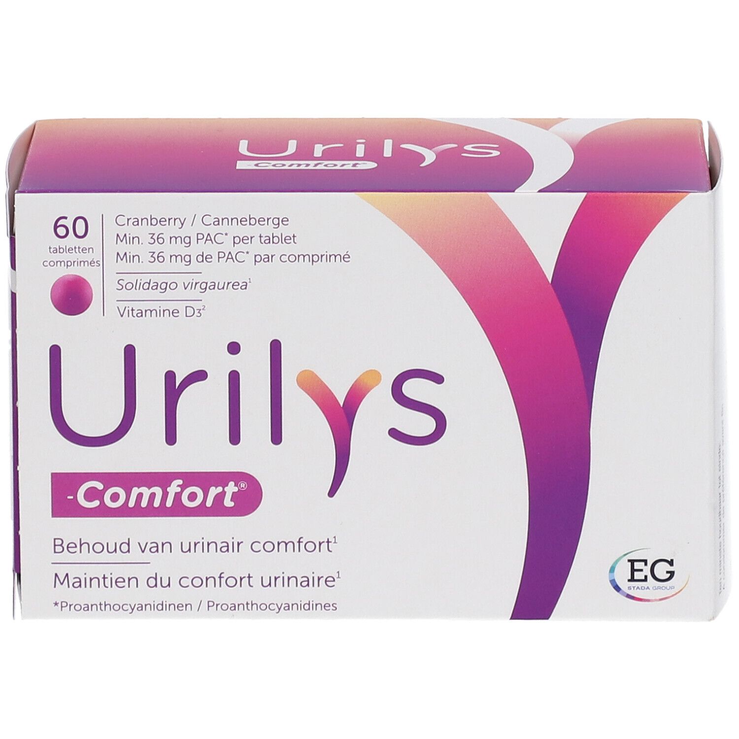 Boîte Urilys-Comfort. 60 comprimés. Canneberge, vitamine D3. Design blanc et violet.