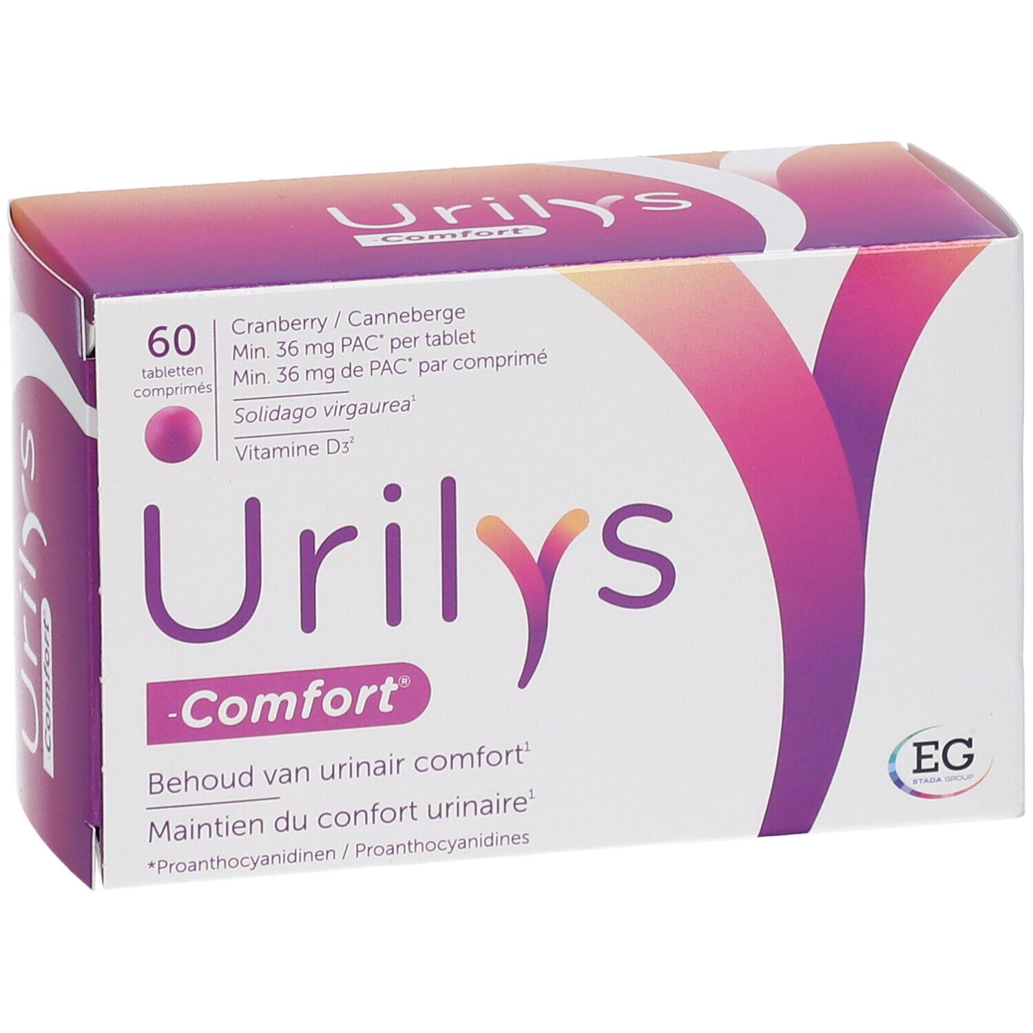 Boîte Urilys-Comfort. 60 comprimés. Canneberge, vitamine D3. Design blanc et violet.