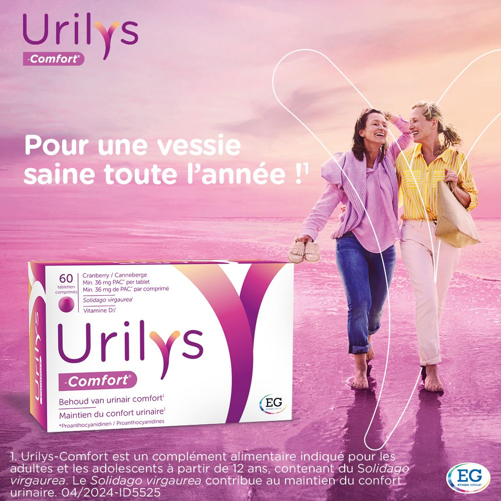 Visuel publicitaire. Deux femmes à la plage. Boîte Urilys-Comfort. Texte : Pour une vessie saine toute l'année.
