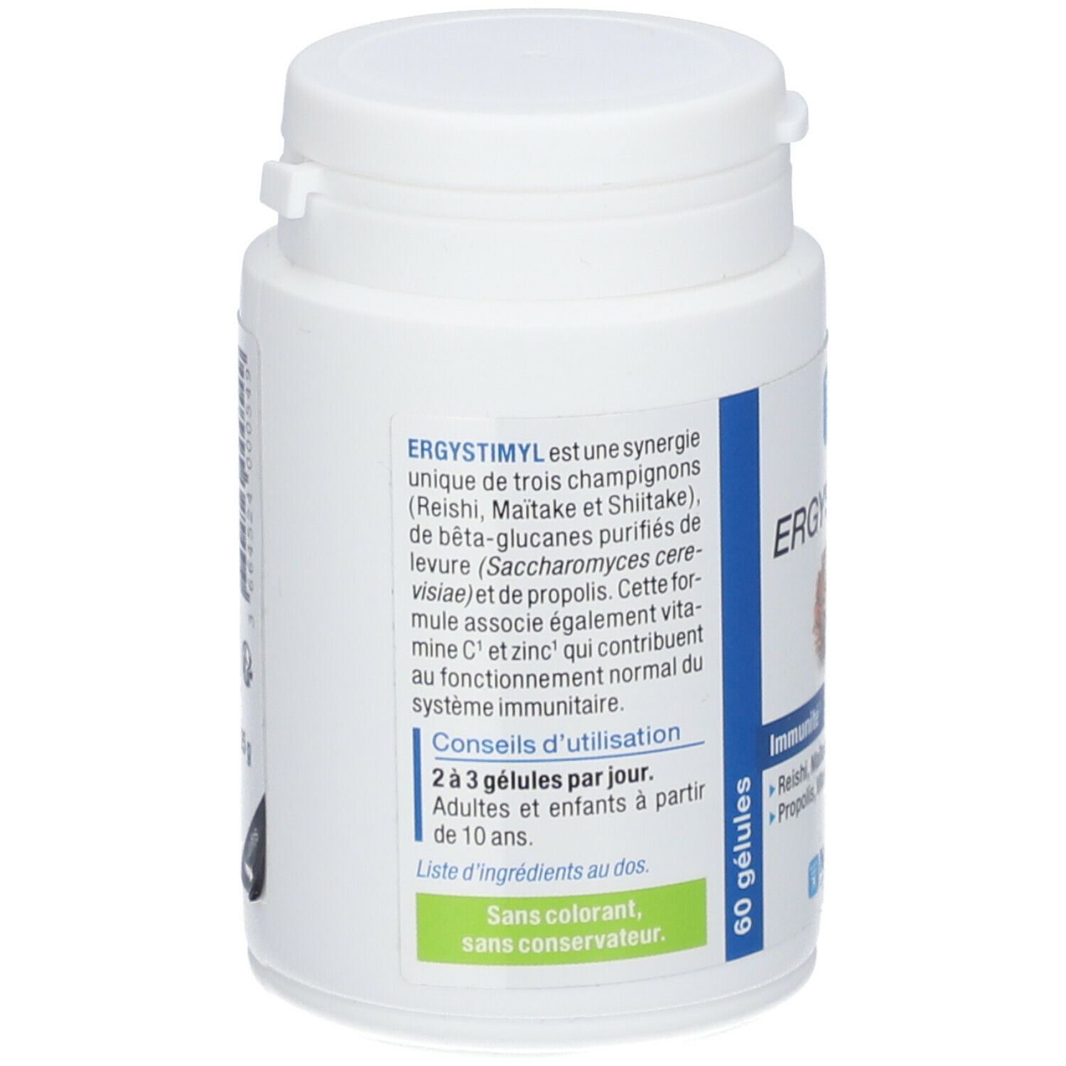 Achterkant van de Ergystimyl fles. Tekst: synergie van paddenstoelen, bèta-glucanen, vitamine C en zink. Dosering: 2-3 capsules per dag.
