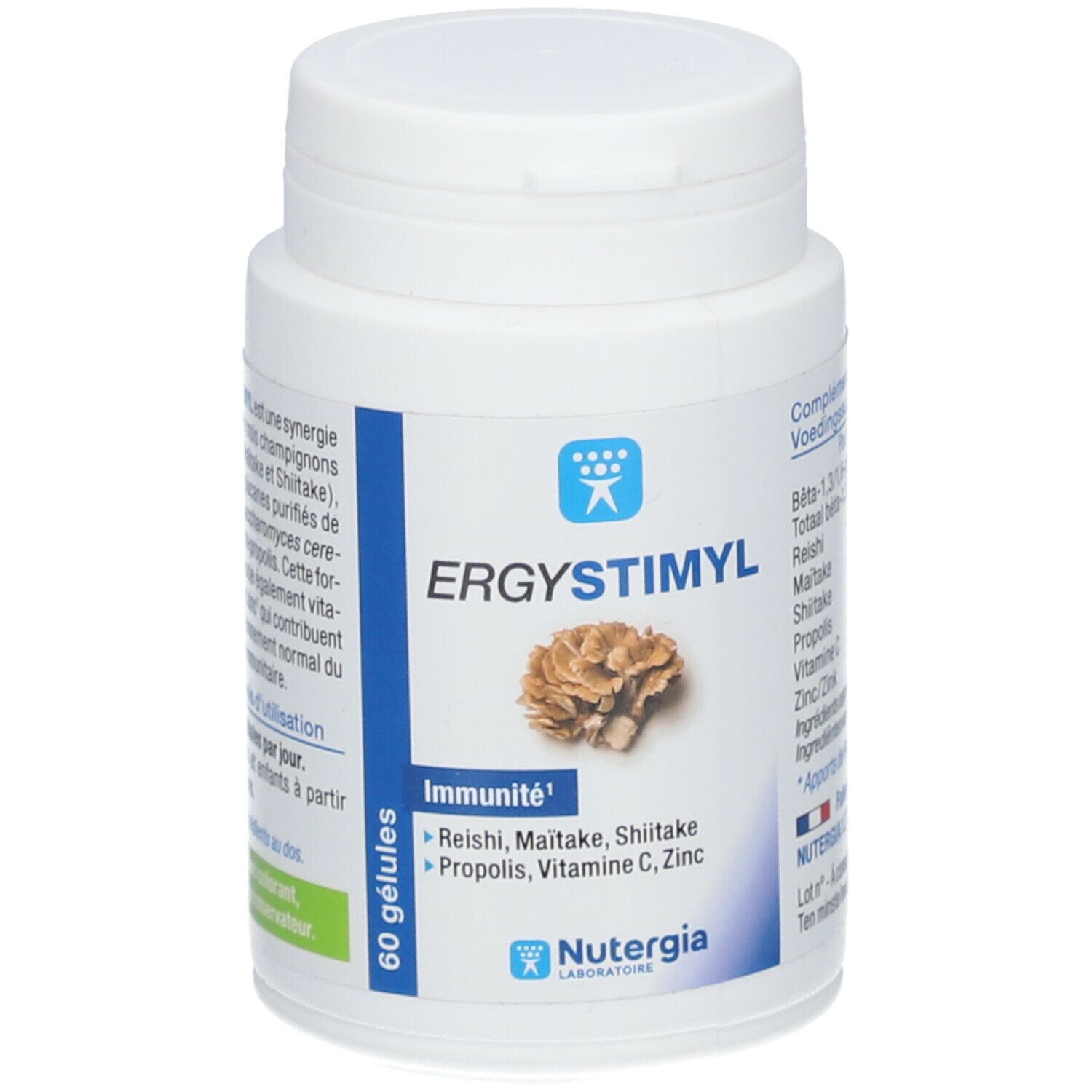 Witte fles Ergystimyl met 60 capsules. Ingrediënten: Reishi, Maitake, Shiitake, Propolis, Vitamine C, Zink. Merk Nutergia.