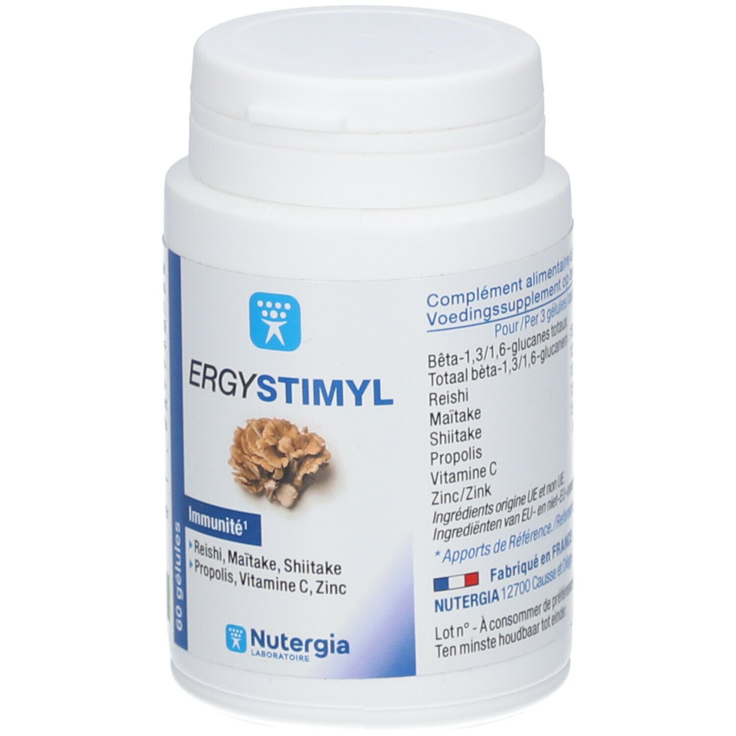 Witte fles Ergystimyl met 60 capsules. Ingrediënten: Reishi, Maitake, Shiitake, Propolis, Vitamine C, Zink. Gemaakt in Frankrijk.