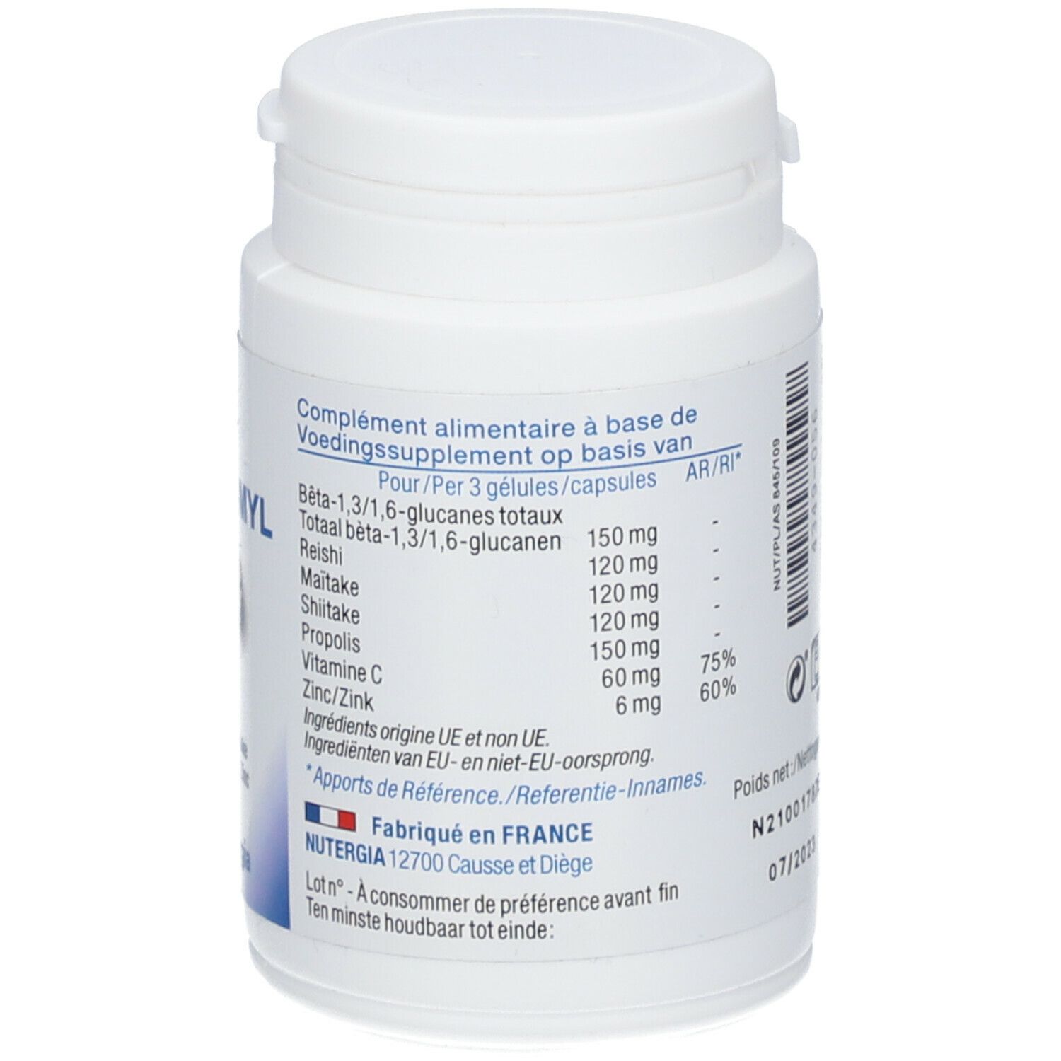 Achterkant van de Ergystimyl fles. Ingrediënten per 3 capsules: bèta-glucanen, Reishi, Maitake, Shiitake, Propolis, Vitamine C, Zink. Gemaakt in Frankrijk.