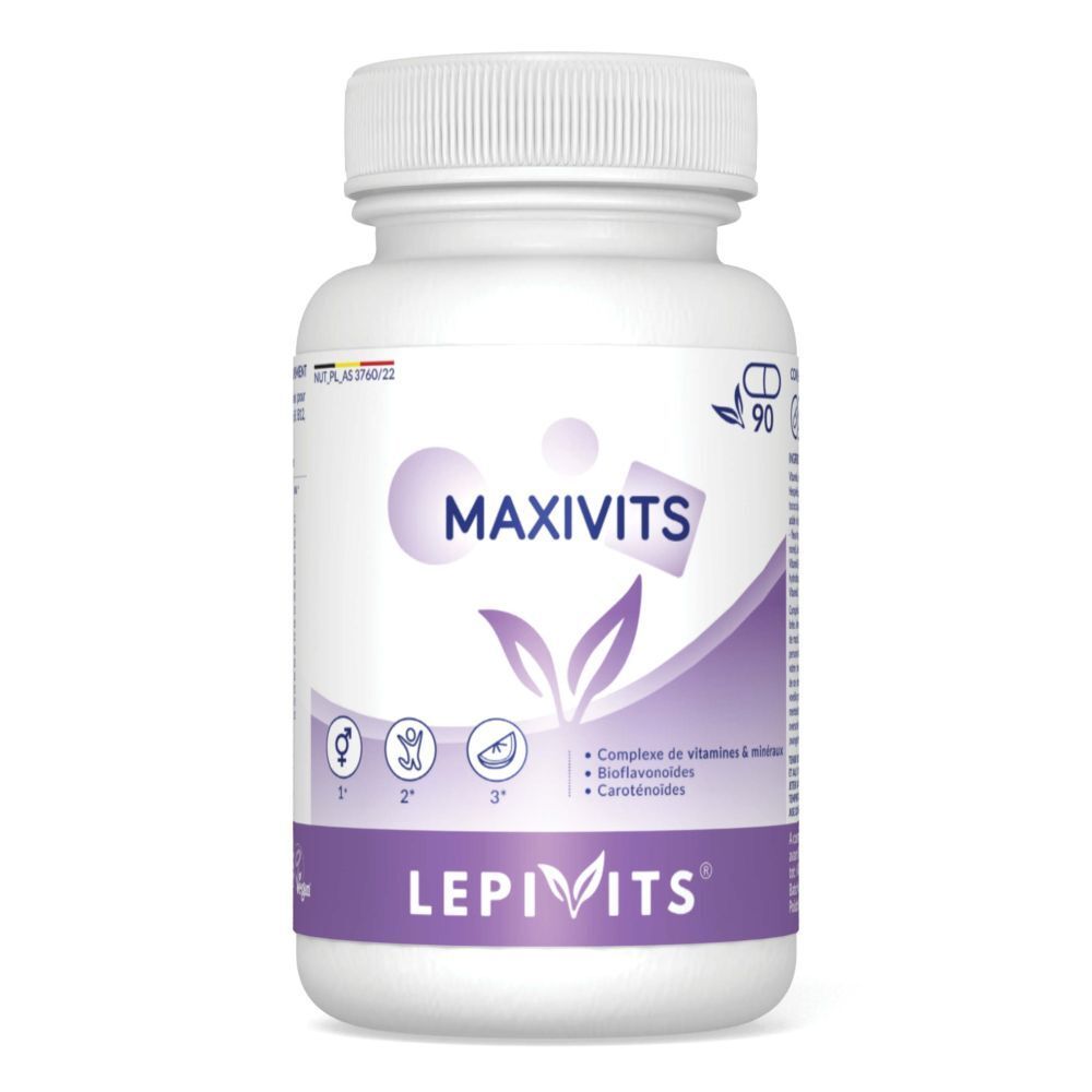 Witte fles met capsules. Opschrift MAXIVITS en LepiVits. Bevat vitaminen en mineralen. 90 capsules.