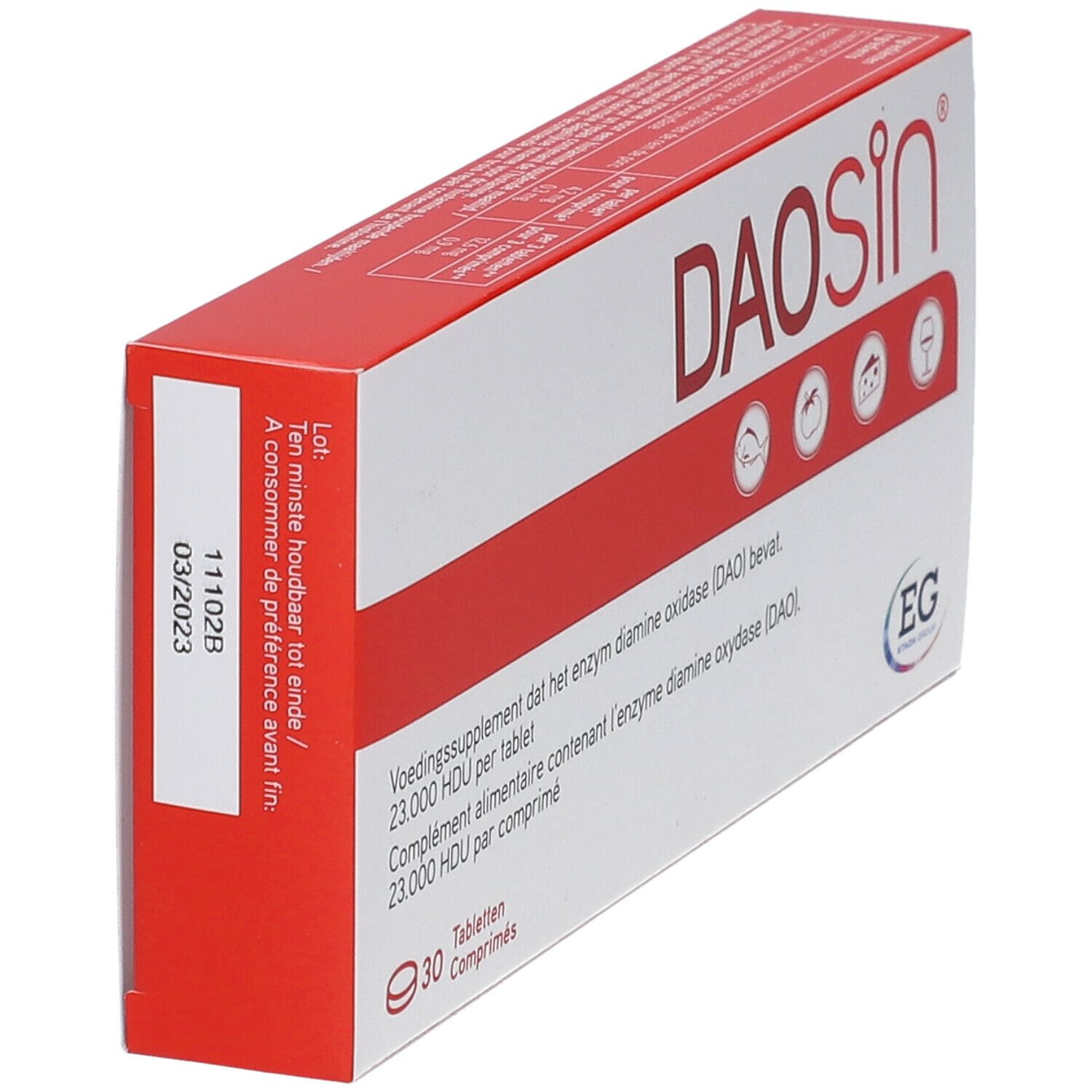 Weiße und rote Schachtel mit DAOSiN®. Enthält 30 Tabletten. Mindesthaltbarkeitsdatum 03/2023.