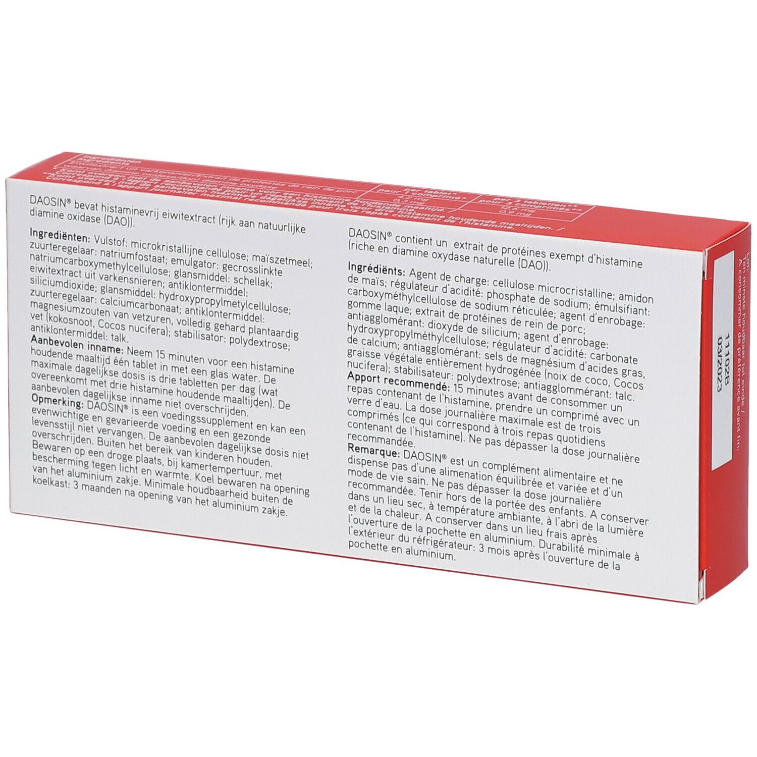 Rückseite der weißen und roten DAOSiN®-Schachtel. Enthält Inhaltsstoffe und Anwendungshinweise.