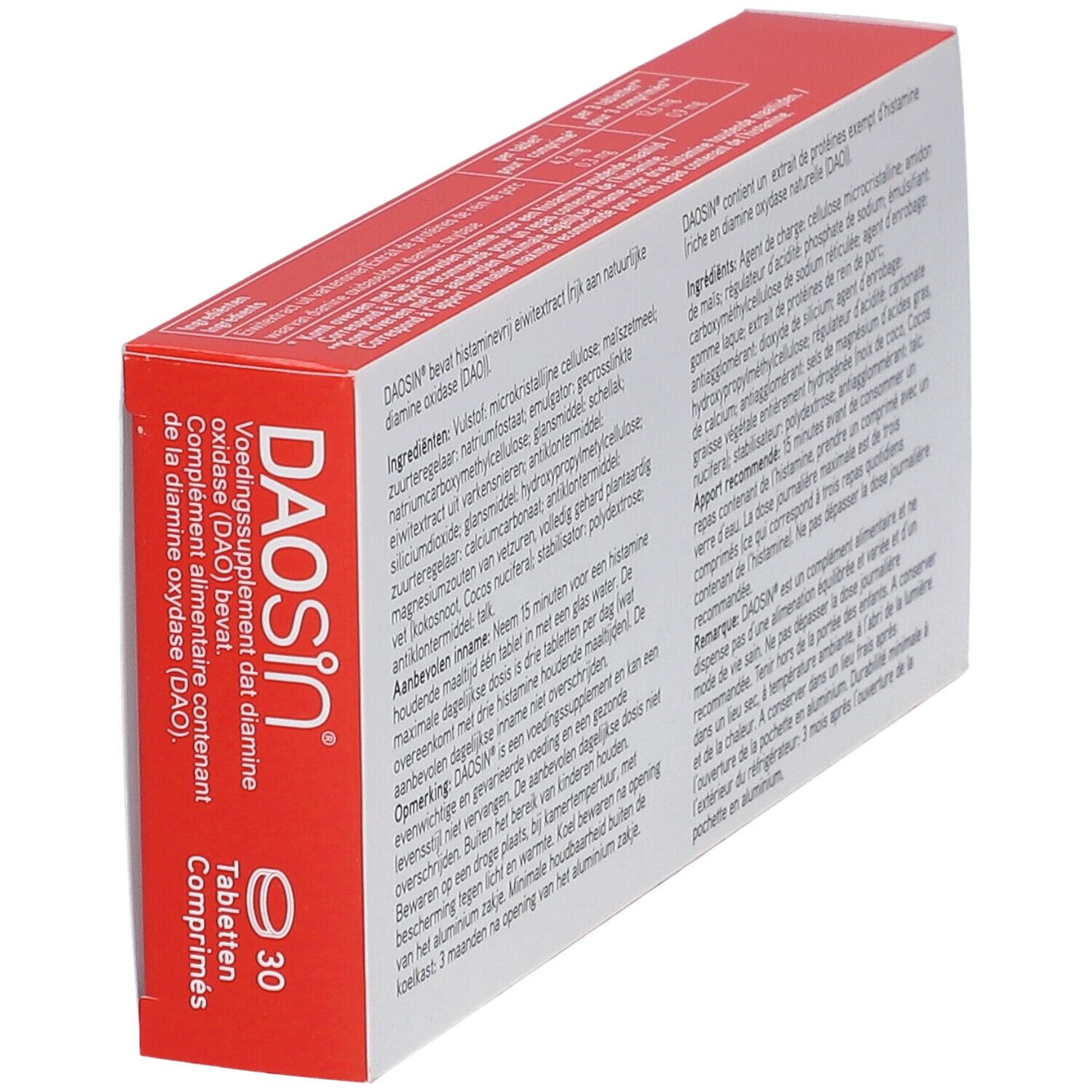Weiße und rote DAOSiN®-Schachtel. Enthält 30 Tabletten. Text und Logo.