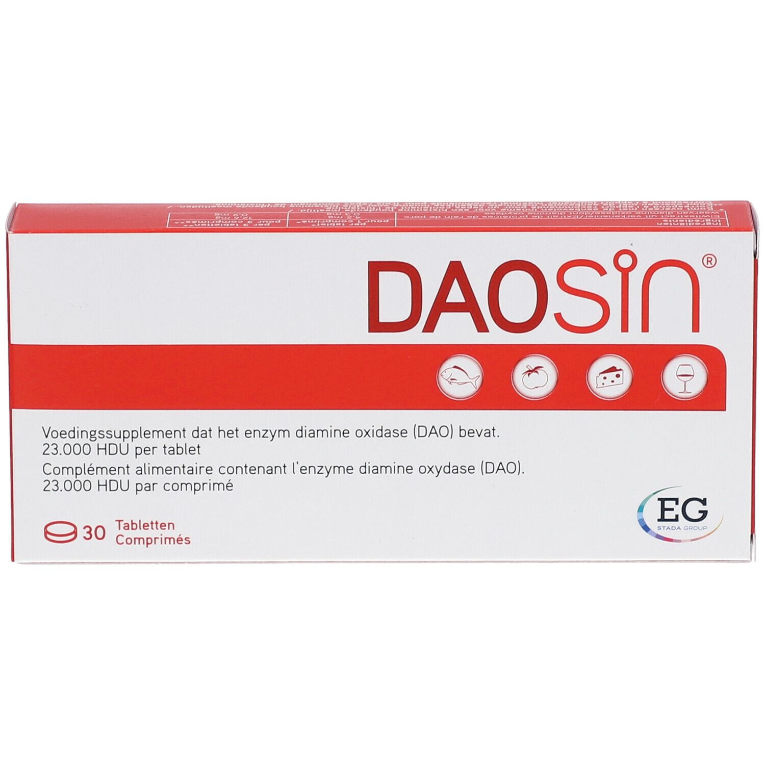 Weiße und rote Schachtel mit der Aufschrift DAOSiN®. Enthält 30 Tabletten. EG-Logo.