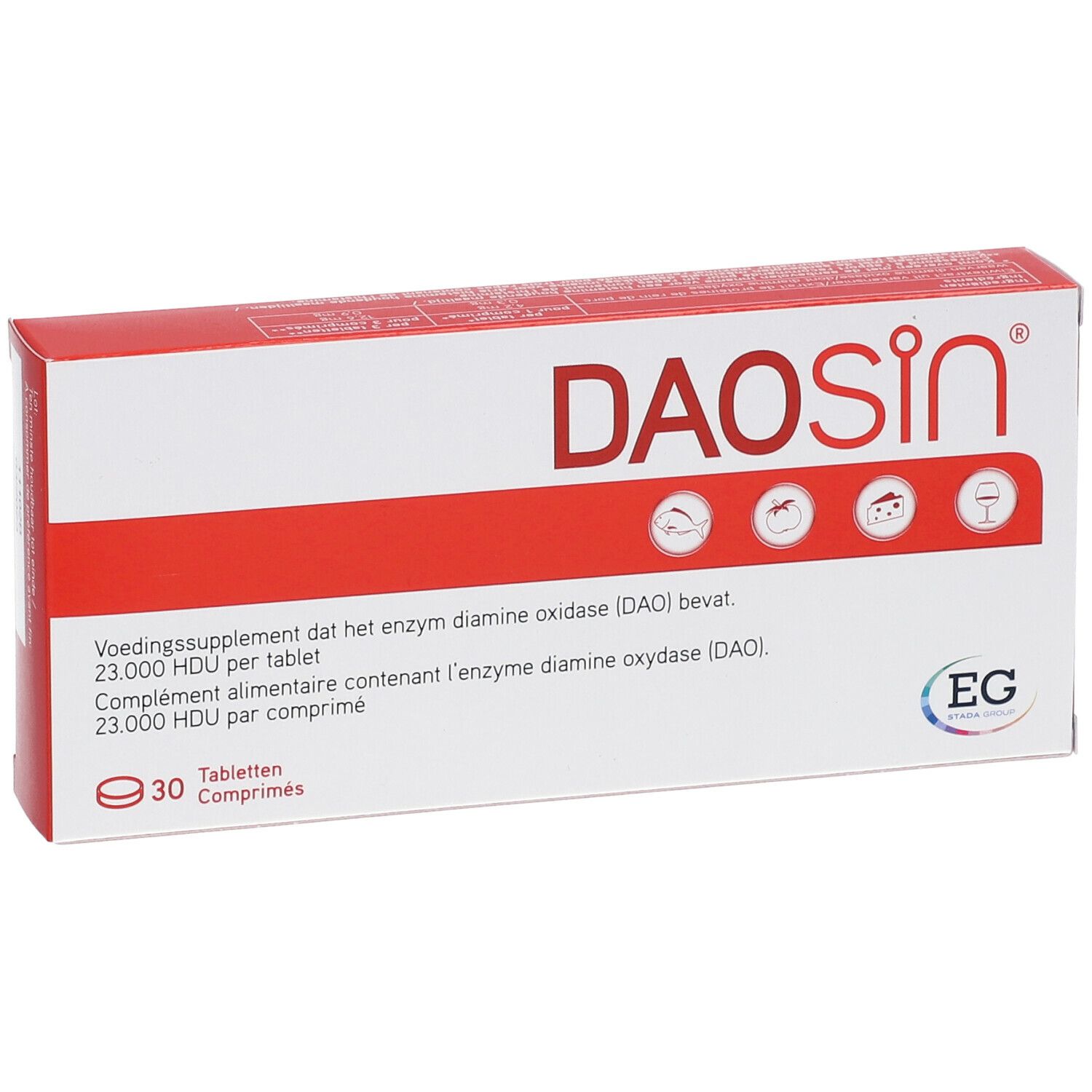 Weiße und rote Schachtel mit der Aufschrift DAOSiN®. Enthält 30 Tabletten. EG-Logo.